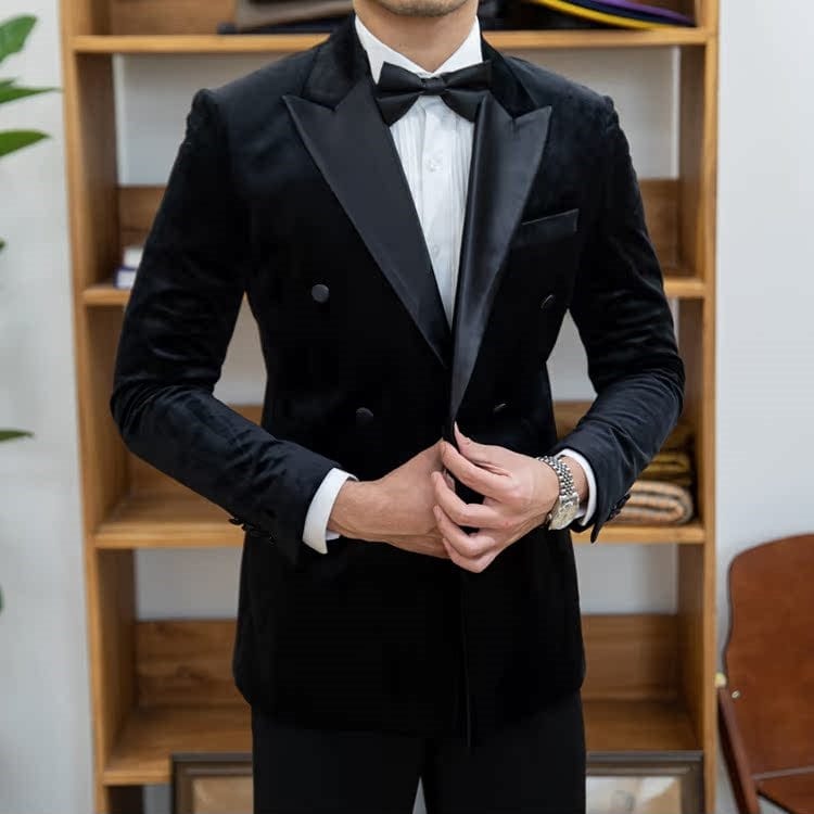 aesido Black Men's High Quality Velvet Double Breasted Blazer