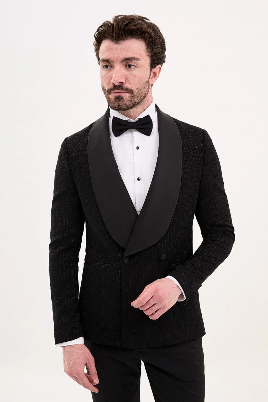 aesido Black Men’s Single-Breasted Tuxedo Suit with Satin Shawl Lapel and Matching Pants