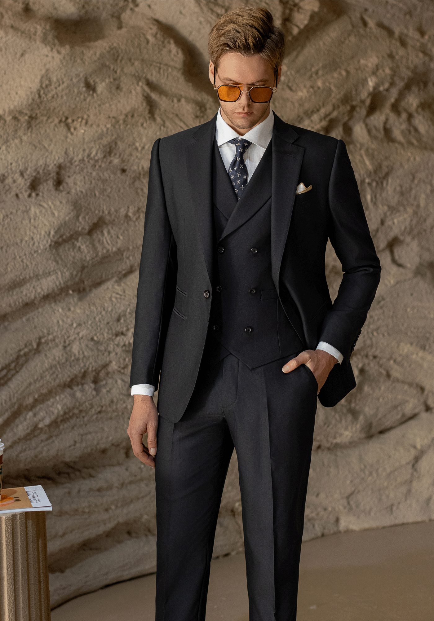 Mens Black 3-Piece Suit Blazer, Vest & Pants Black / 44R Mens Black 3-Piece Suit Blazer, Vest & Pants Black / 44R