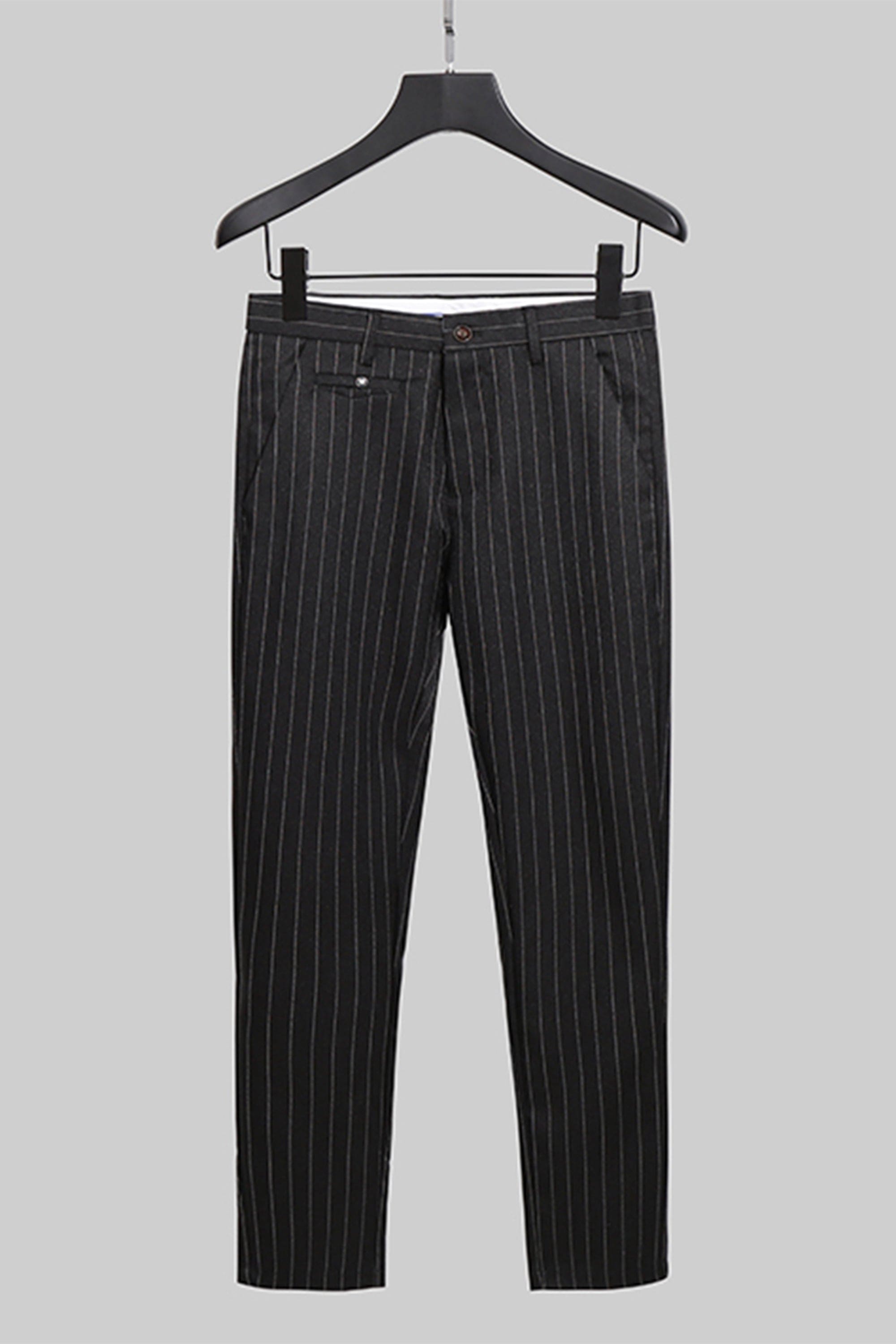 aesido Black Striped Casual Slim Fit Men Trousers