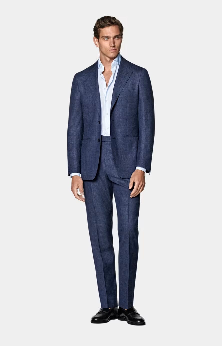 aesido Blue 2 Piece Summer Linen Double Button Casual Slim Fit Men Suit (Blazer+Pants)