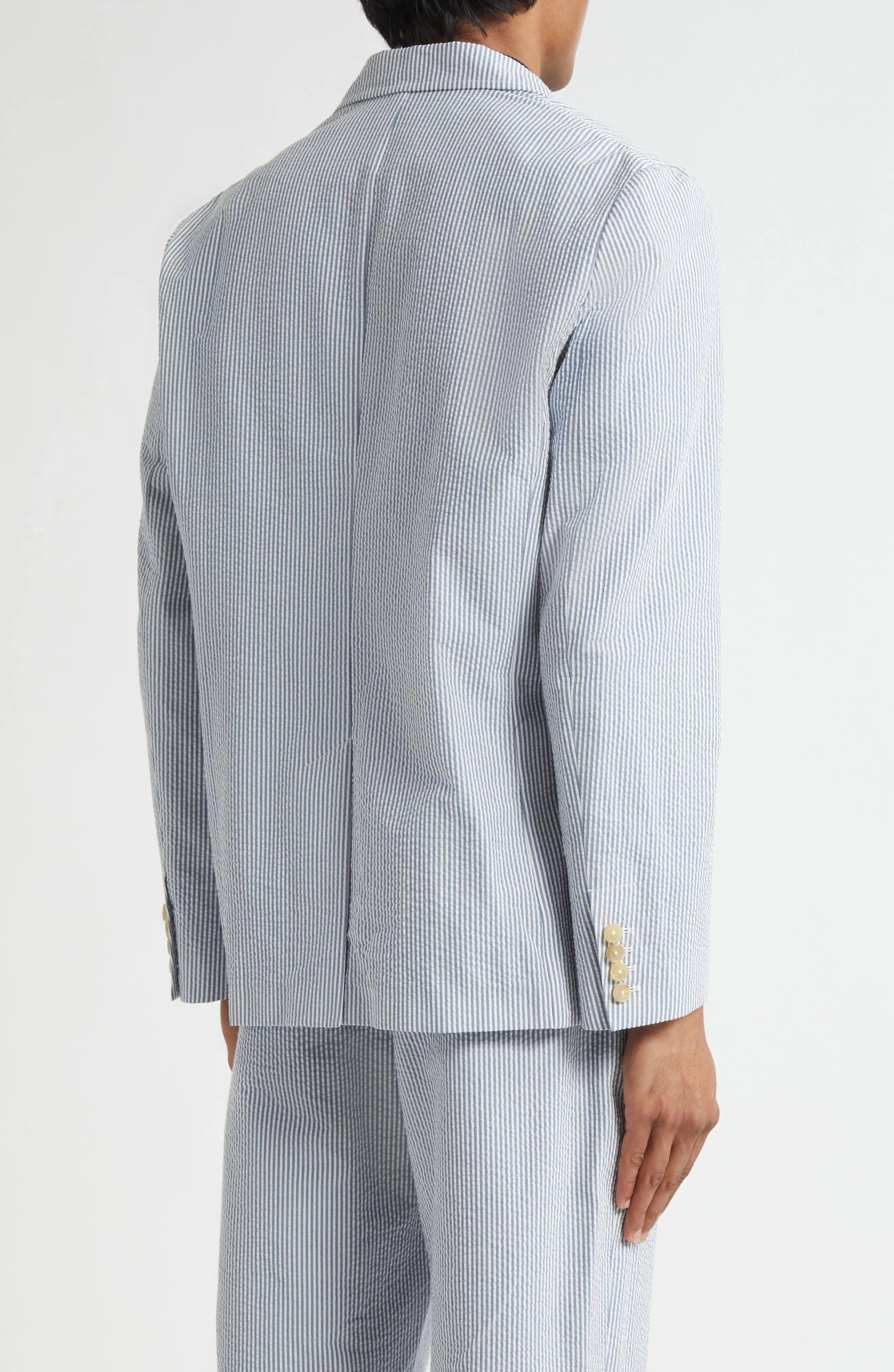 aesido Blue 2 Piece Summer Seersucker Double Button Business Casual Men Suit