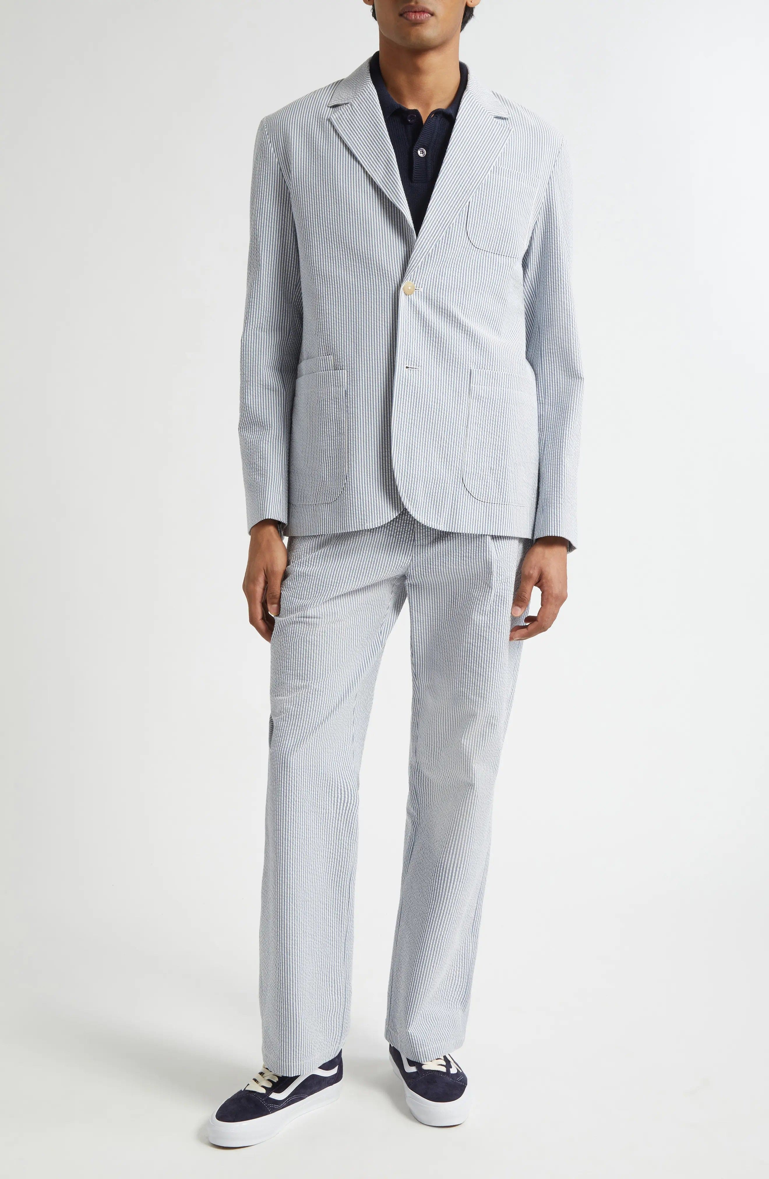 aesido Blue 2 Piece Summer Seersucker Double Button Business Casual Men Suit