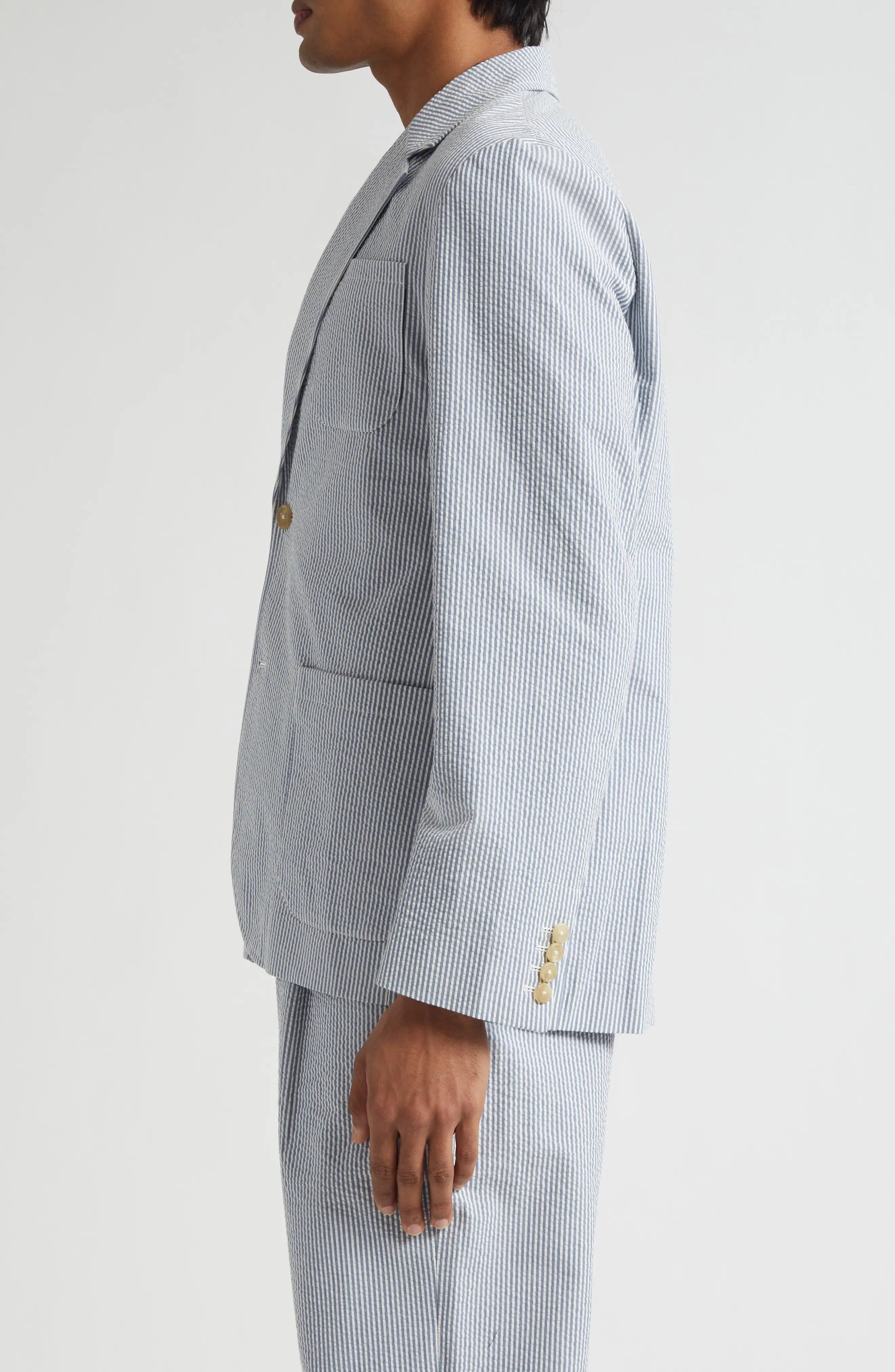 aesido Blue 2 Piece Summer Seersucker Double Button Business Casual Men Suit