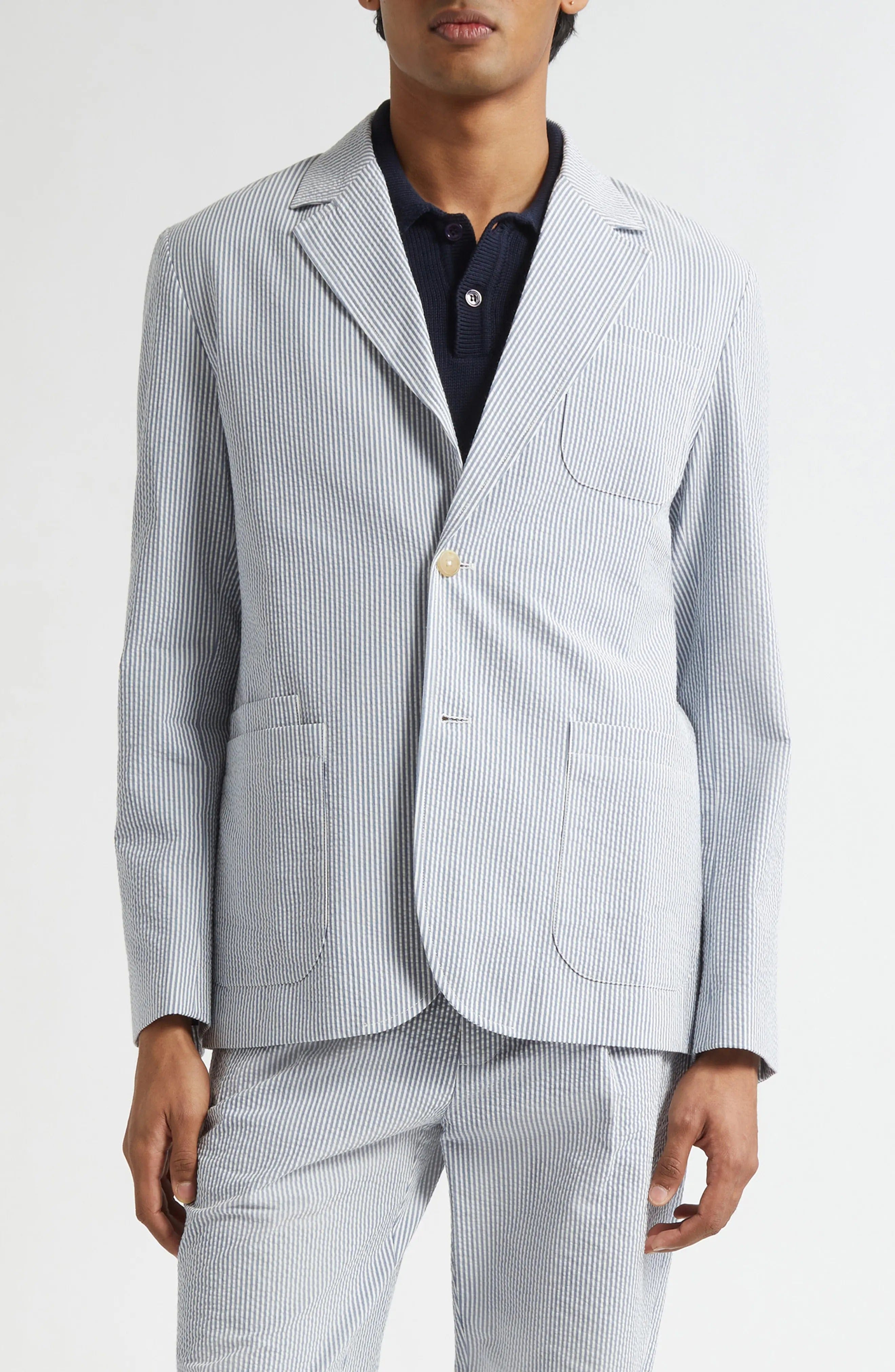 aesido Blue 2 Piece Summer Seersucker Double Button Business Casual Men Suit