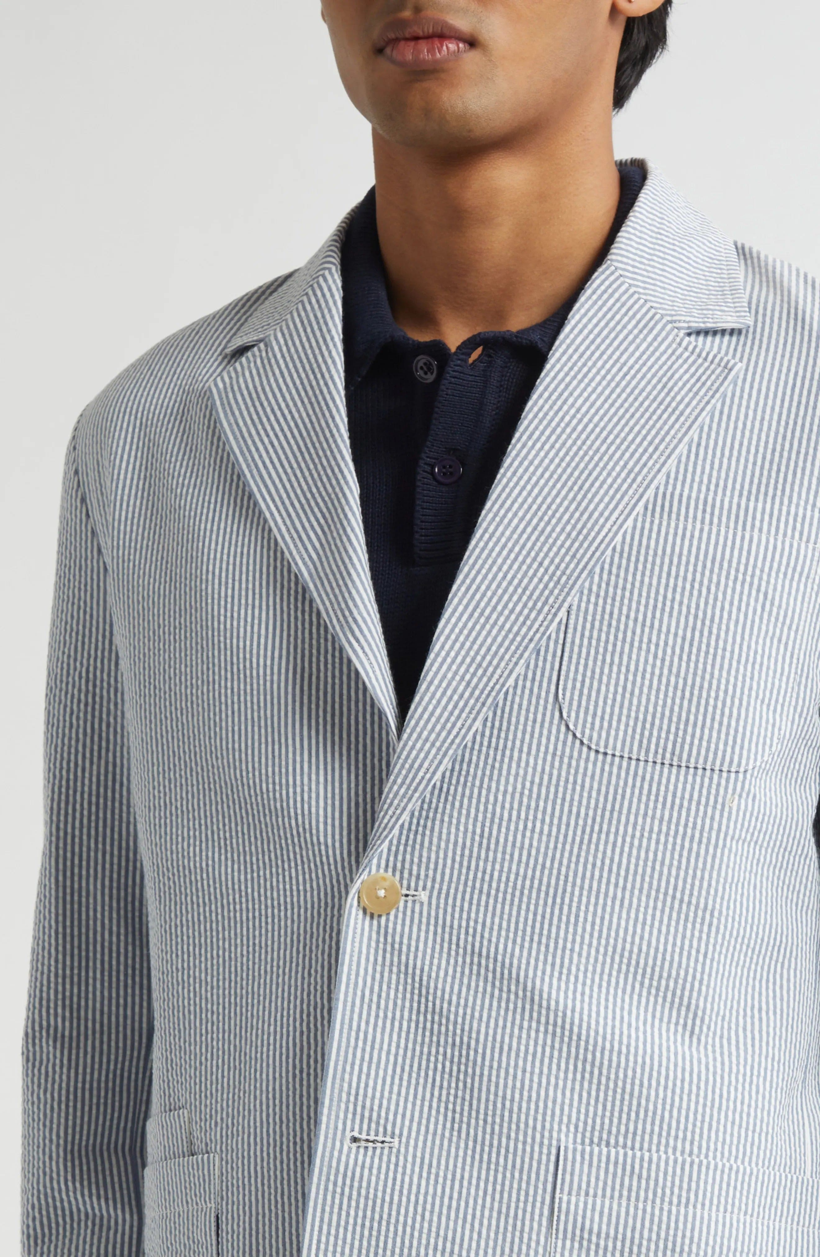 aesido Blue 2 Piece Summer Seersucker Double Button Business Casual Men Suit