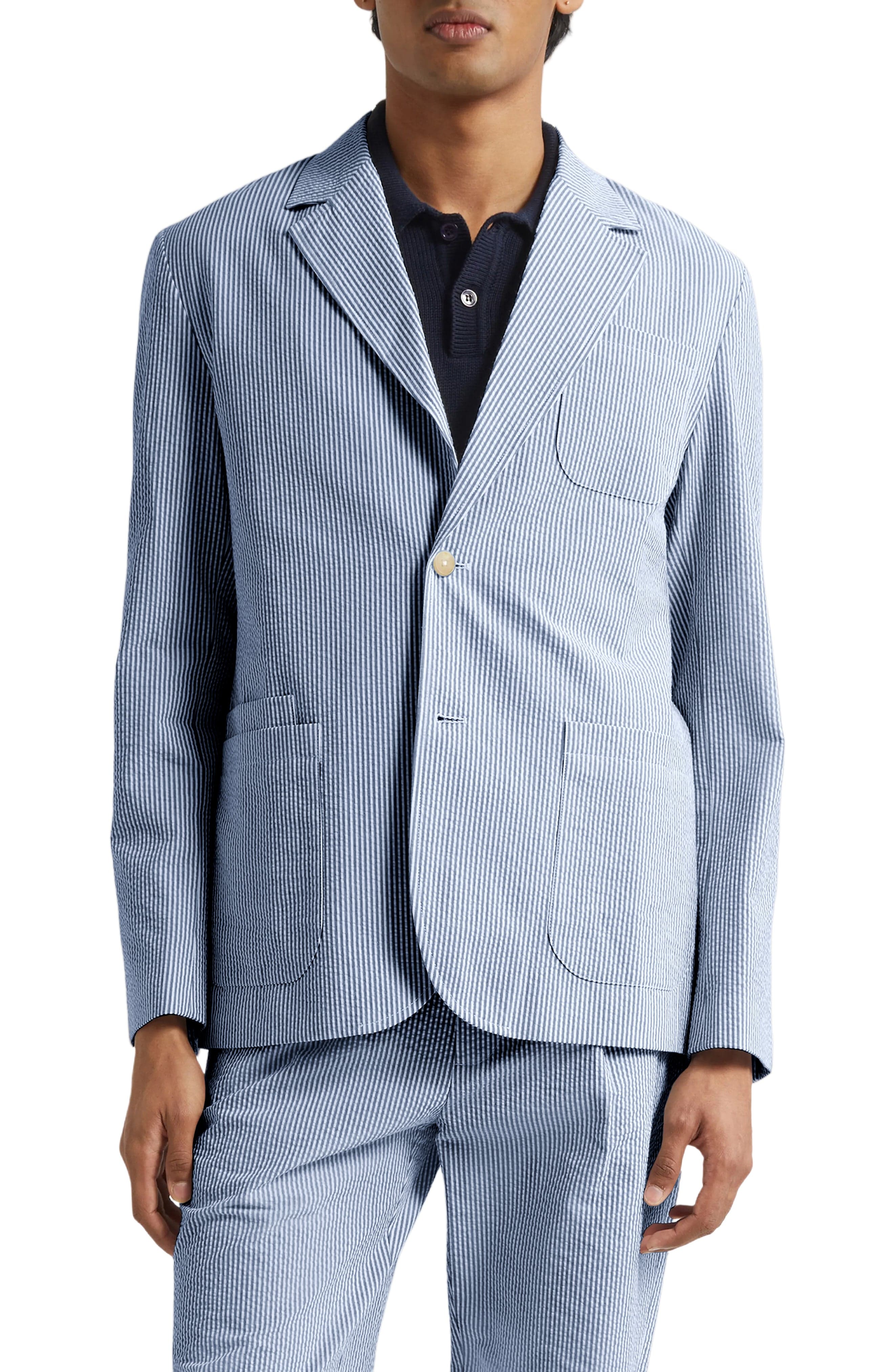 aesido Blue 2 Piece Summer Seersucker Double Button Business Casual Men Suit