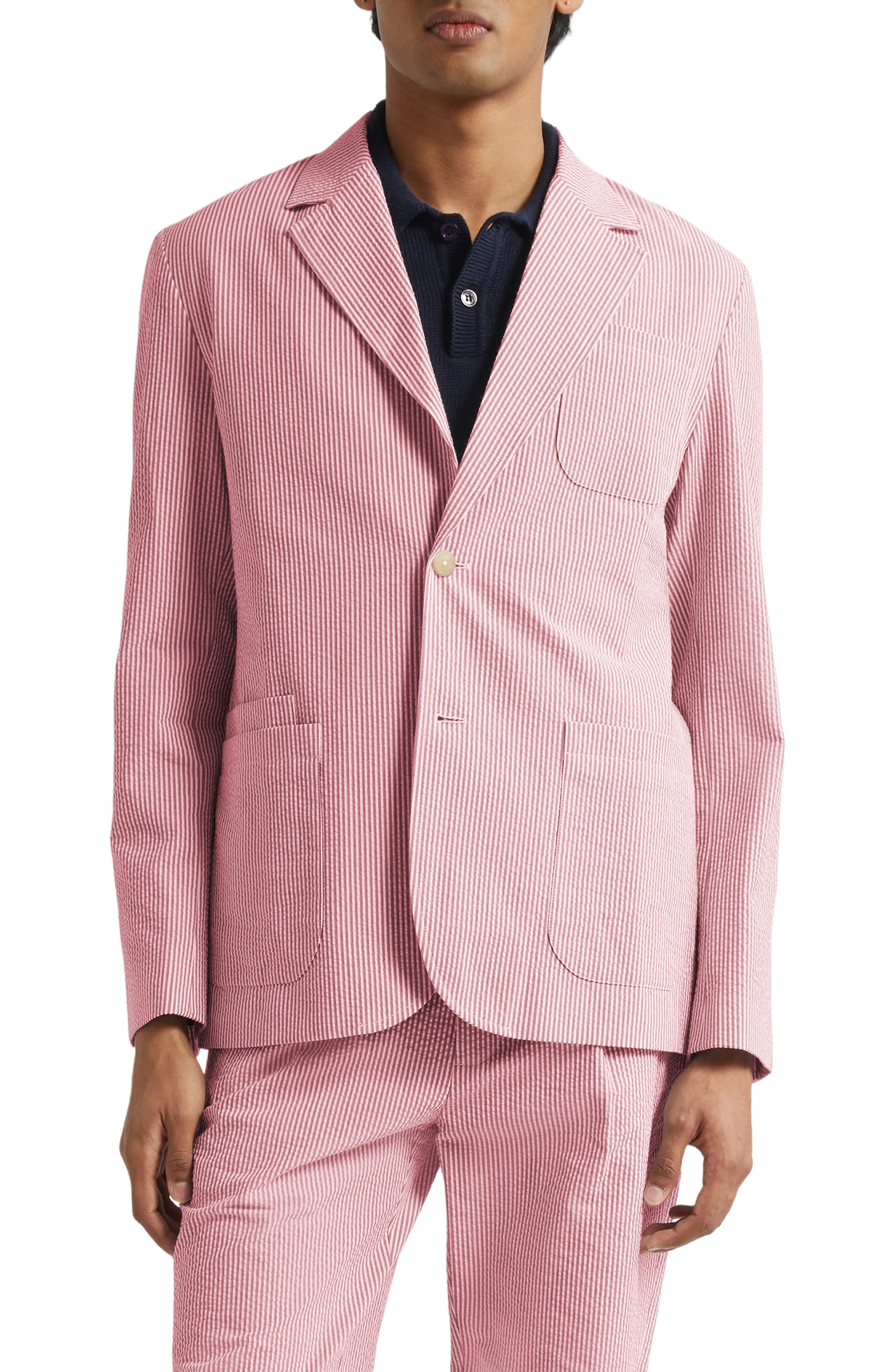 aesido Blue 2 Piece Summer Seersucker Double Button Business Casual Men Suit