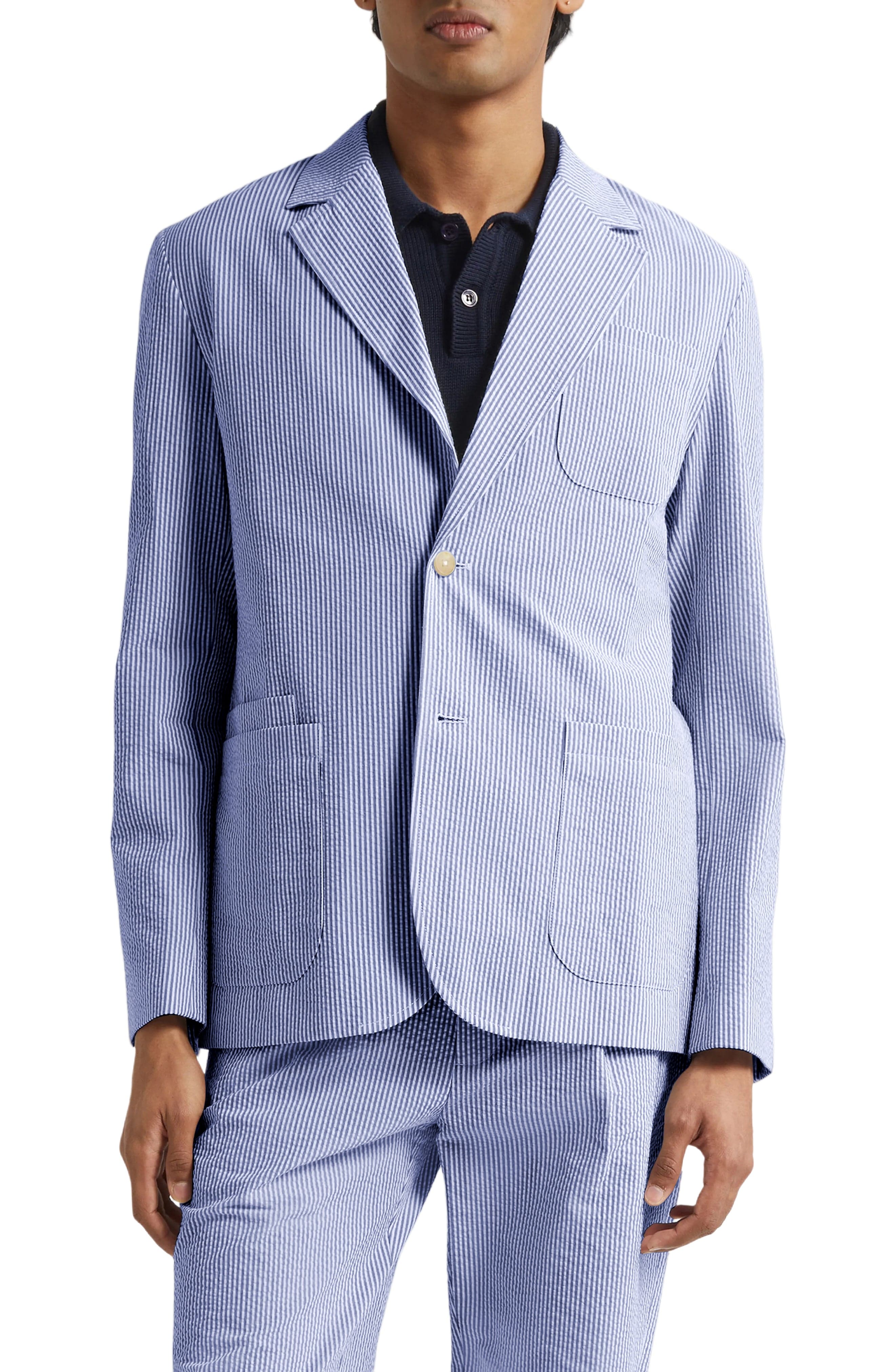 aesido Blue 2 Piece Summer Seersucker Double Button Business Casual Men Suit