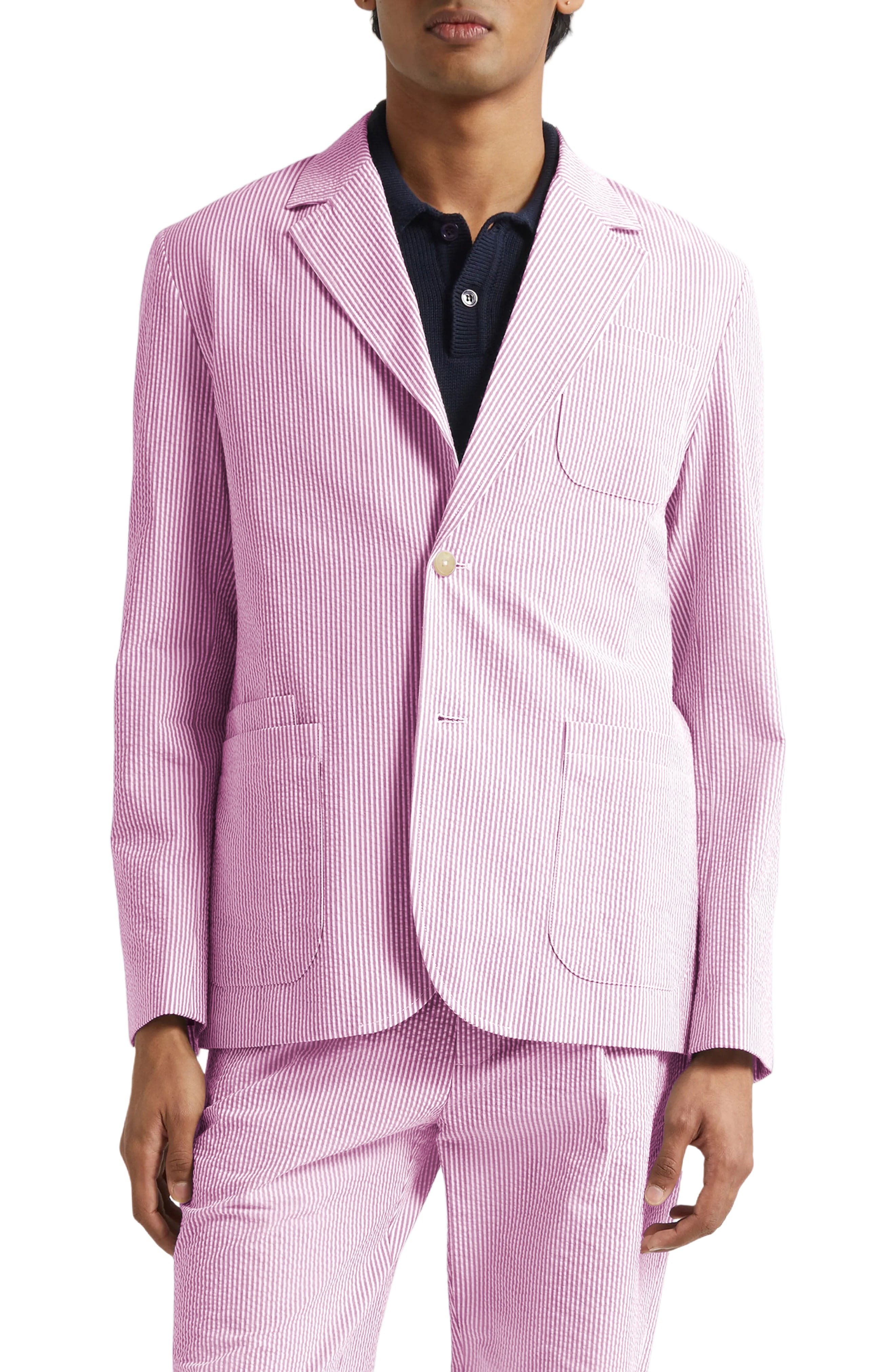 aesido Blue 2 Piece Summer Seersucker Double Button Business Casual Men Suit