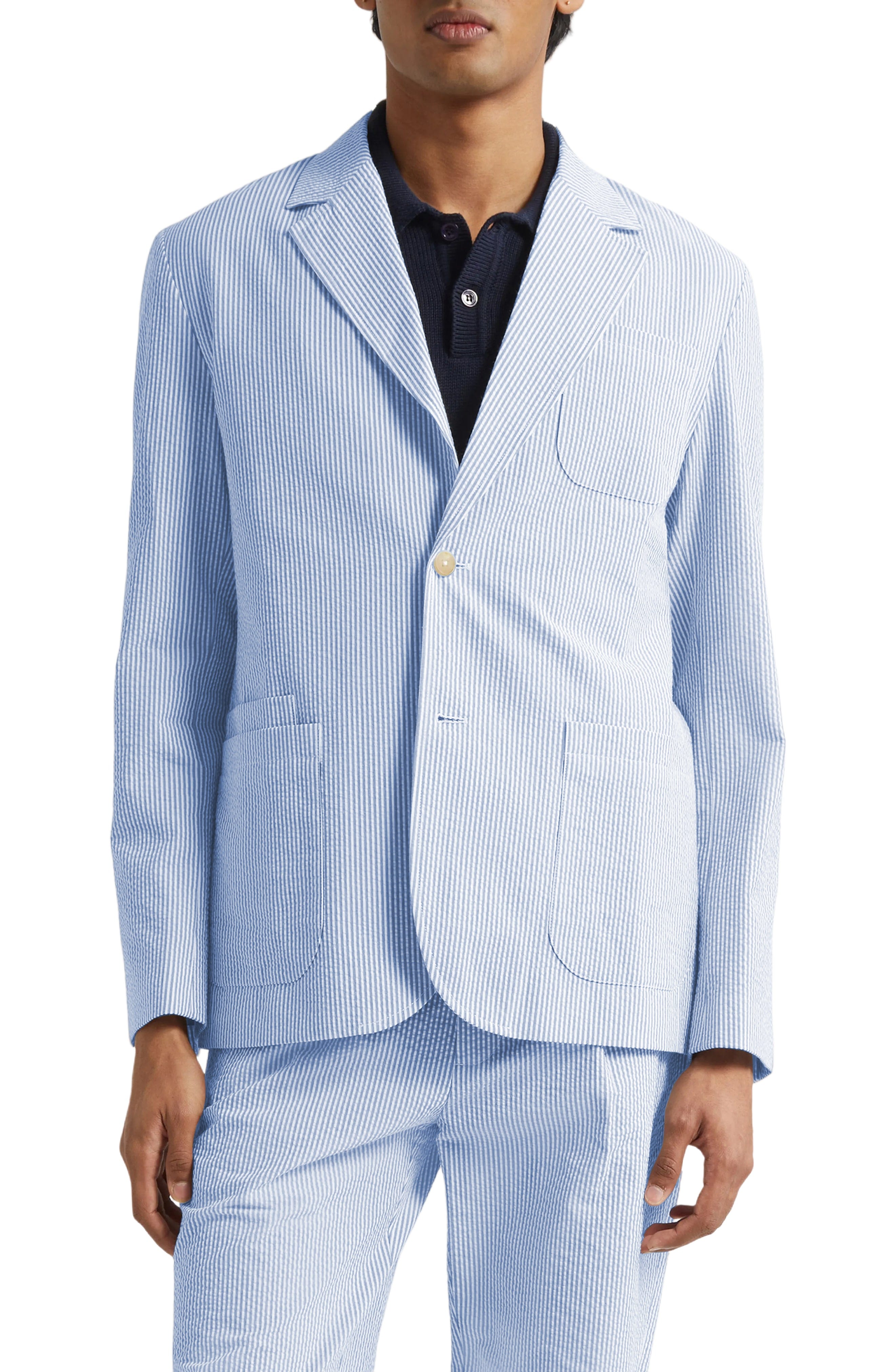 aesido Blue 2 Piece Summer Seersucker Double Button Business Casual Men Suit