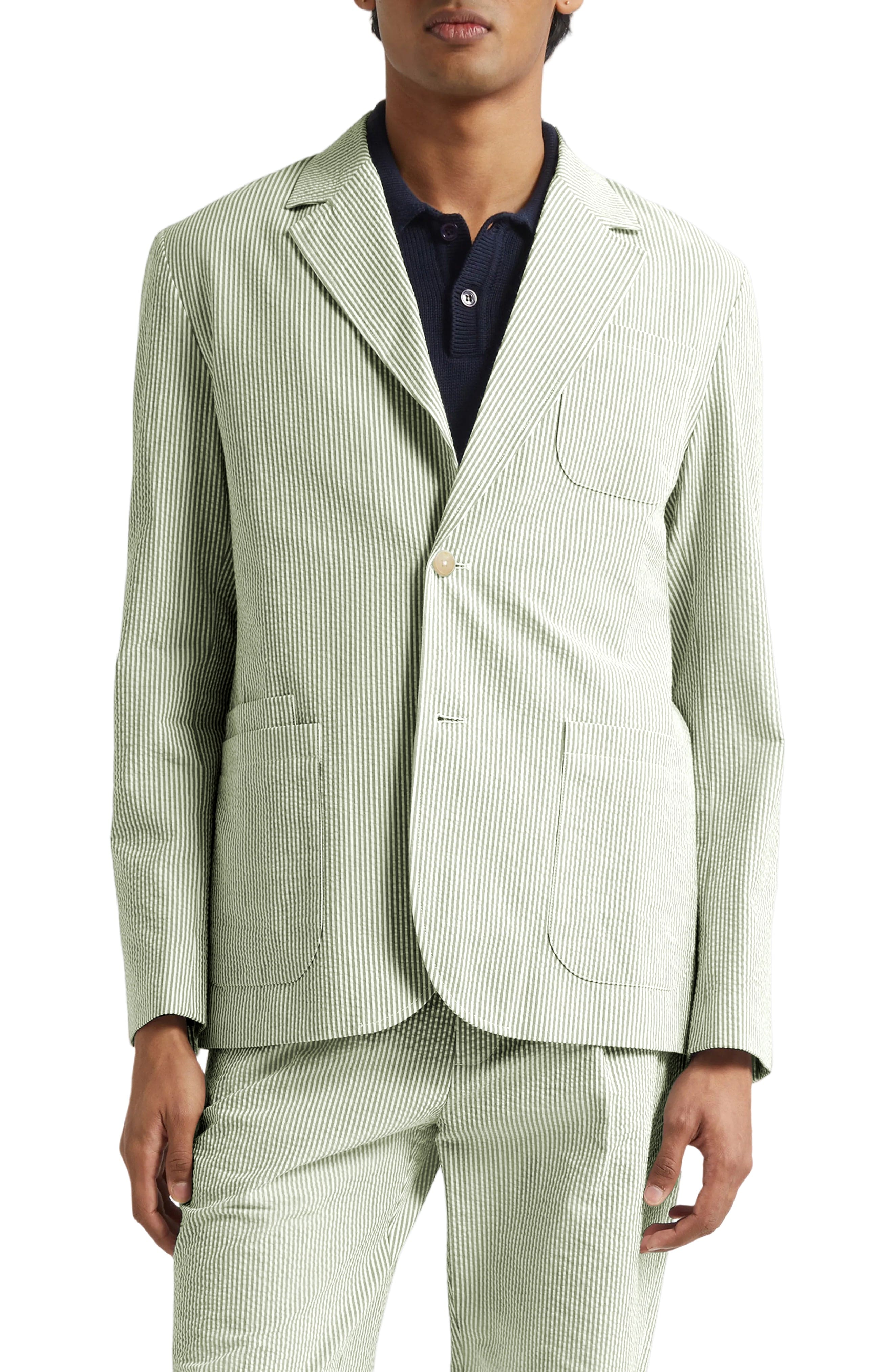 aesido Blue 2 Piece Summer Seersucker Double Button Business Casual Men Suit