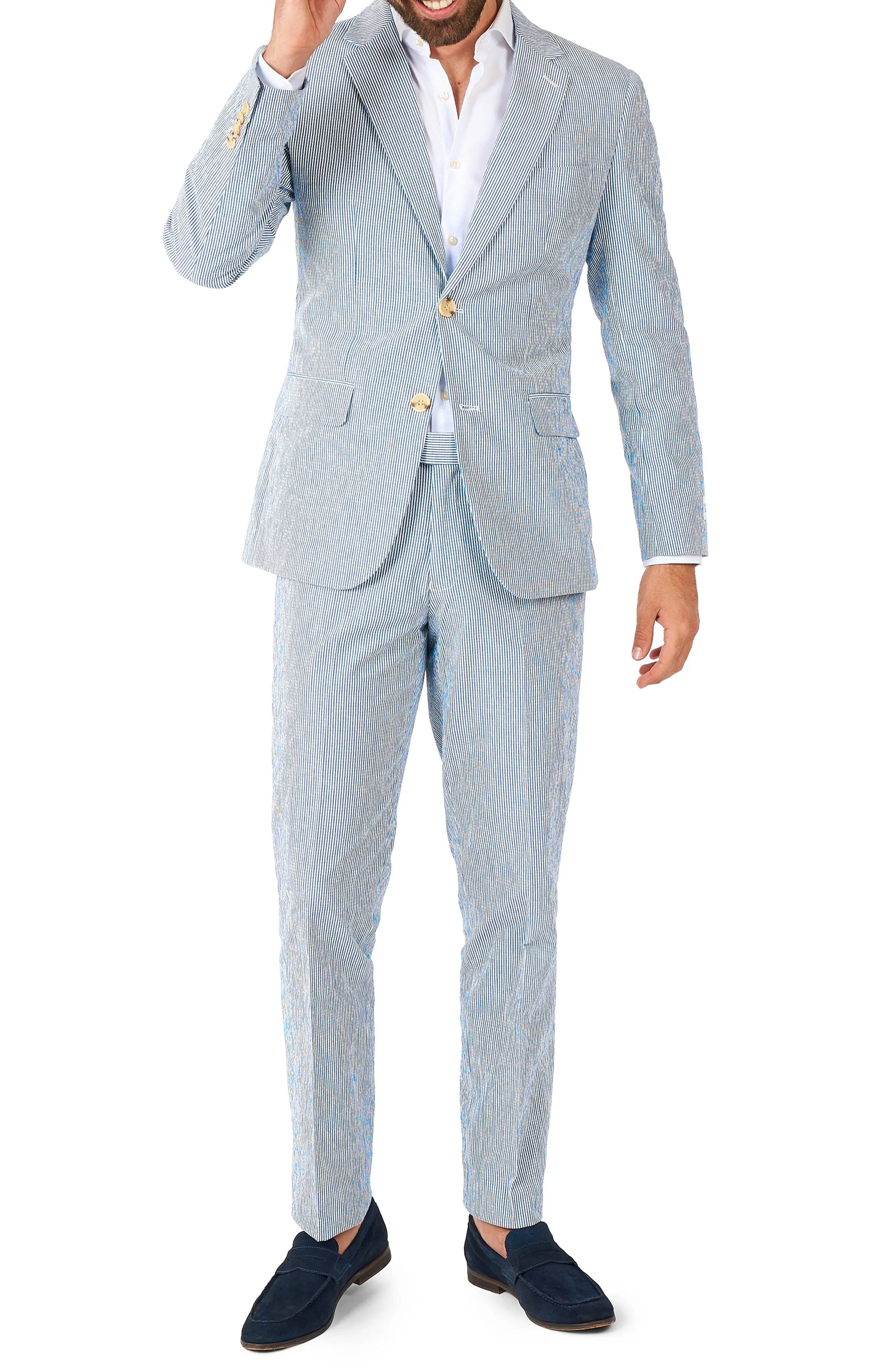aesido Blue 2 Piece Summer Seersucker Double Button Notch Lapel Men Suit (Blazer+Pants)