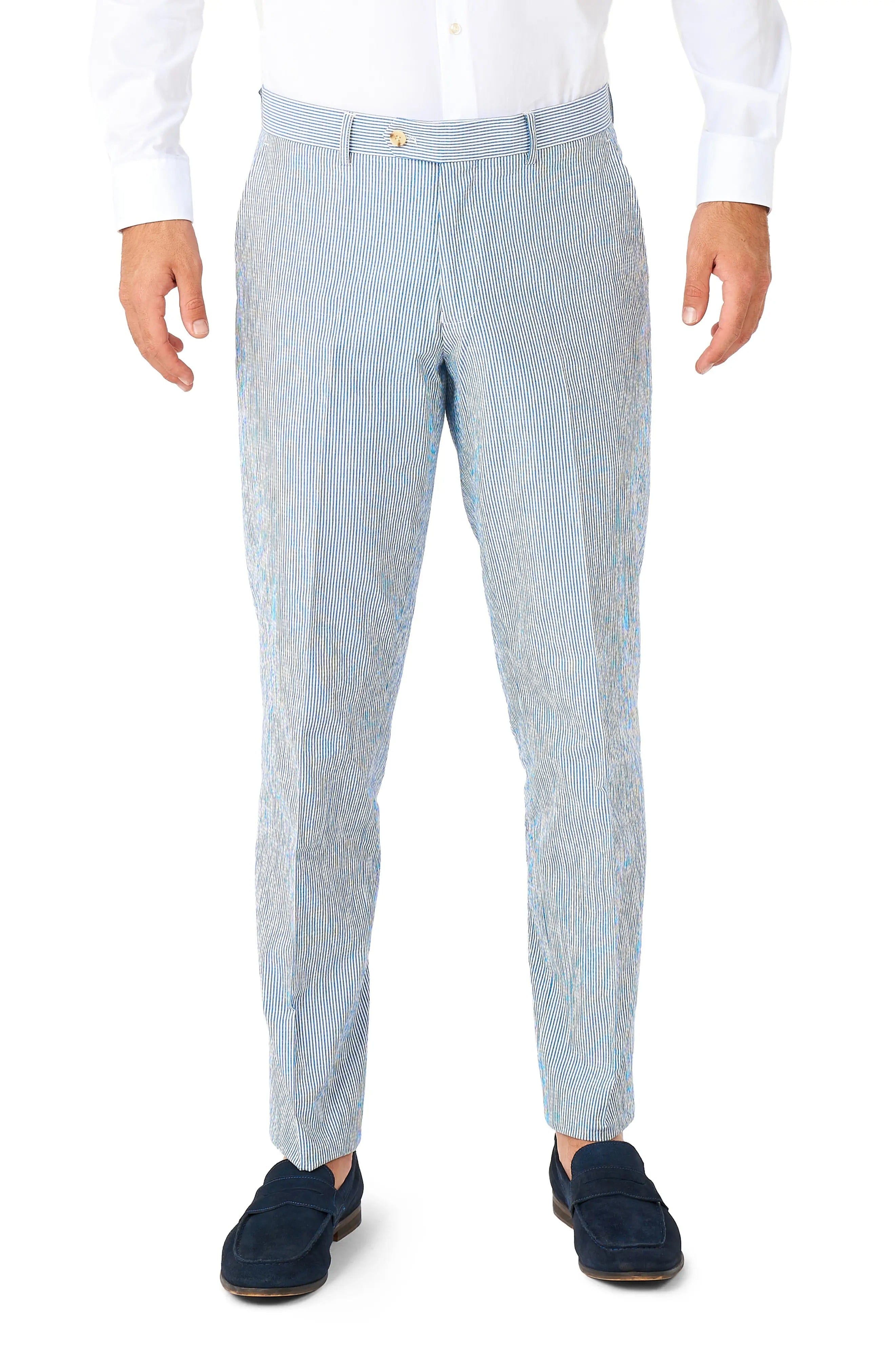 aesido Blue 2 Piece Summer Seersucker Double Button Notch Lapel Men Suit (Blazer+Pants)