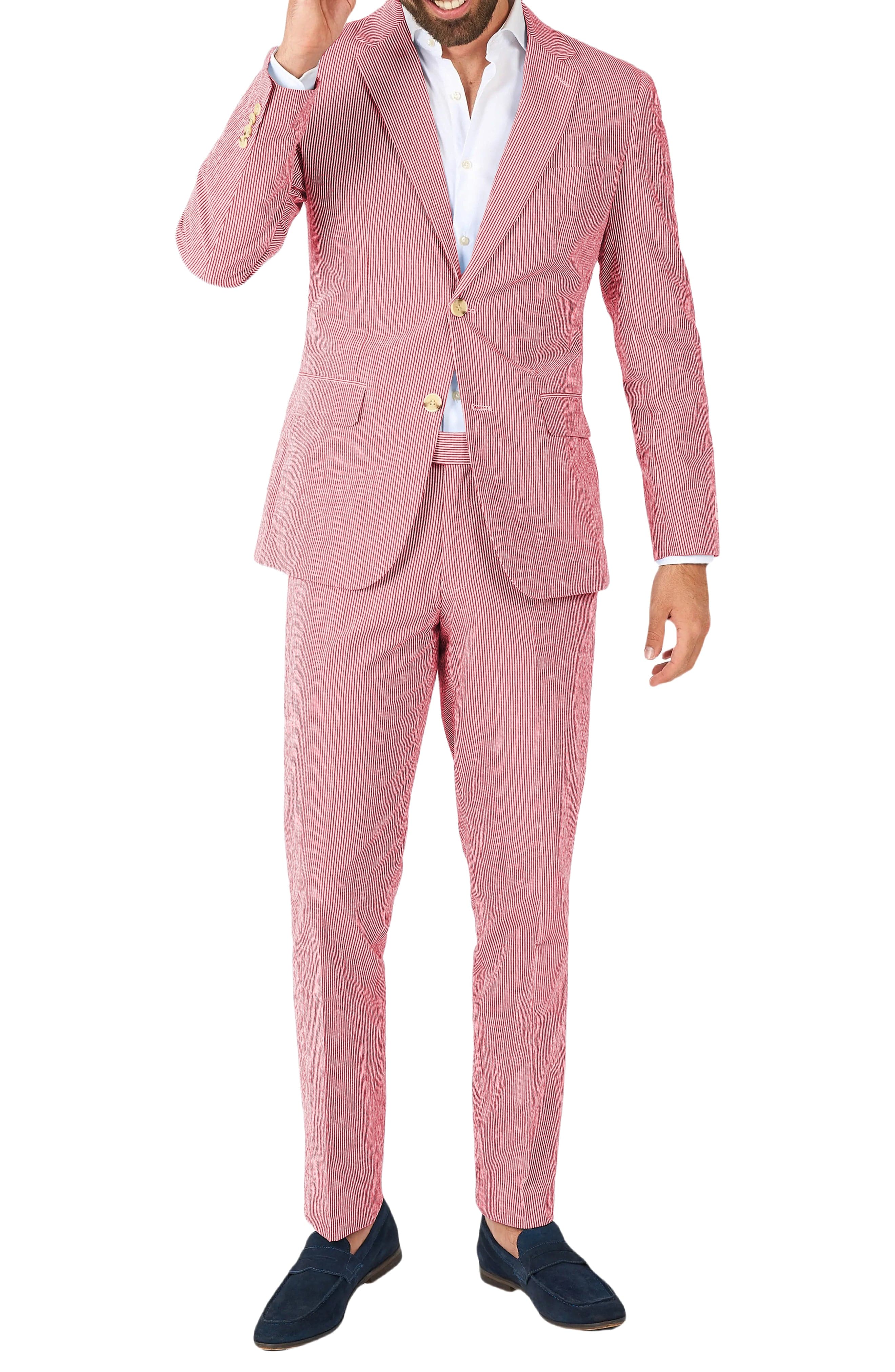 aesido Blue 2 Piece Summer Seersucker Double Button Notch Lapel Men Suit (Blazer+Pants)