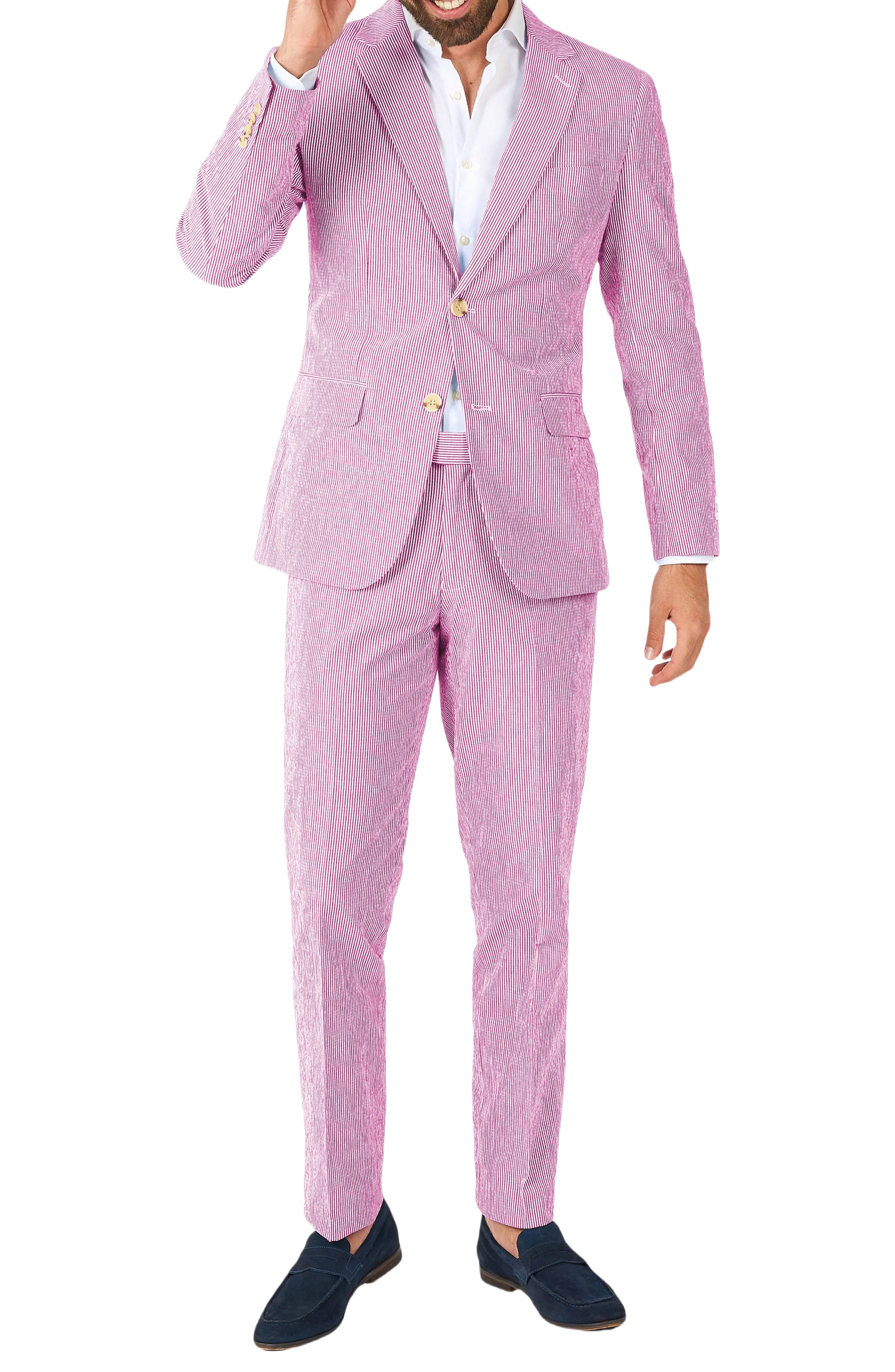 aesido Blue 2 Piece Summer Seersucker Double Button Notch Lapel Men Suit (Blazer+Pants)
