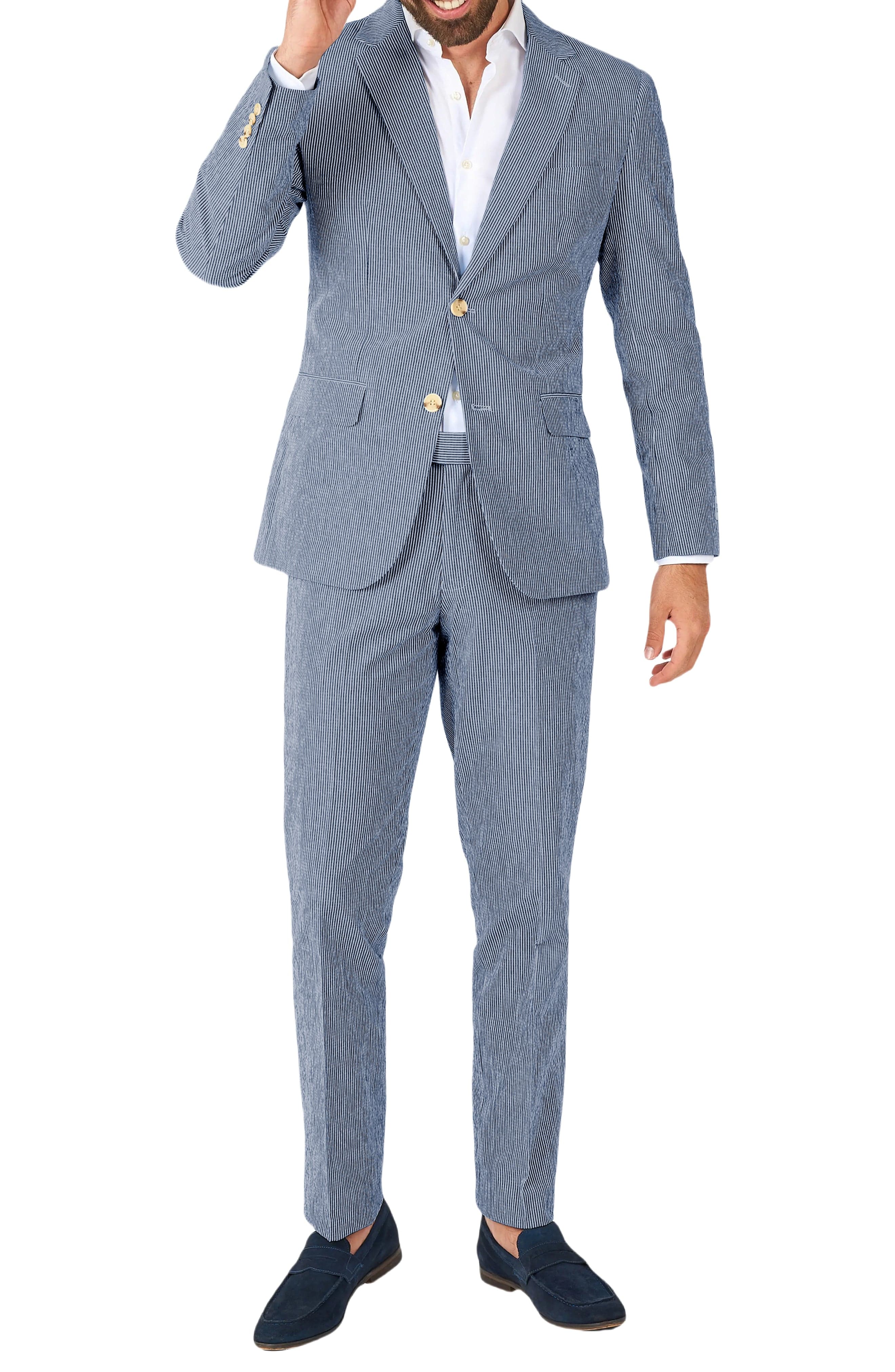 aesido Blue 2 Piece Summer Seersucker Double Button Notch Lapel Men Suit (Blazer+Pants)
