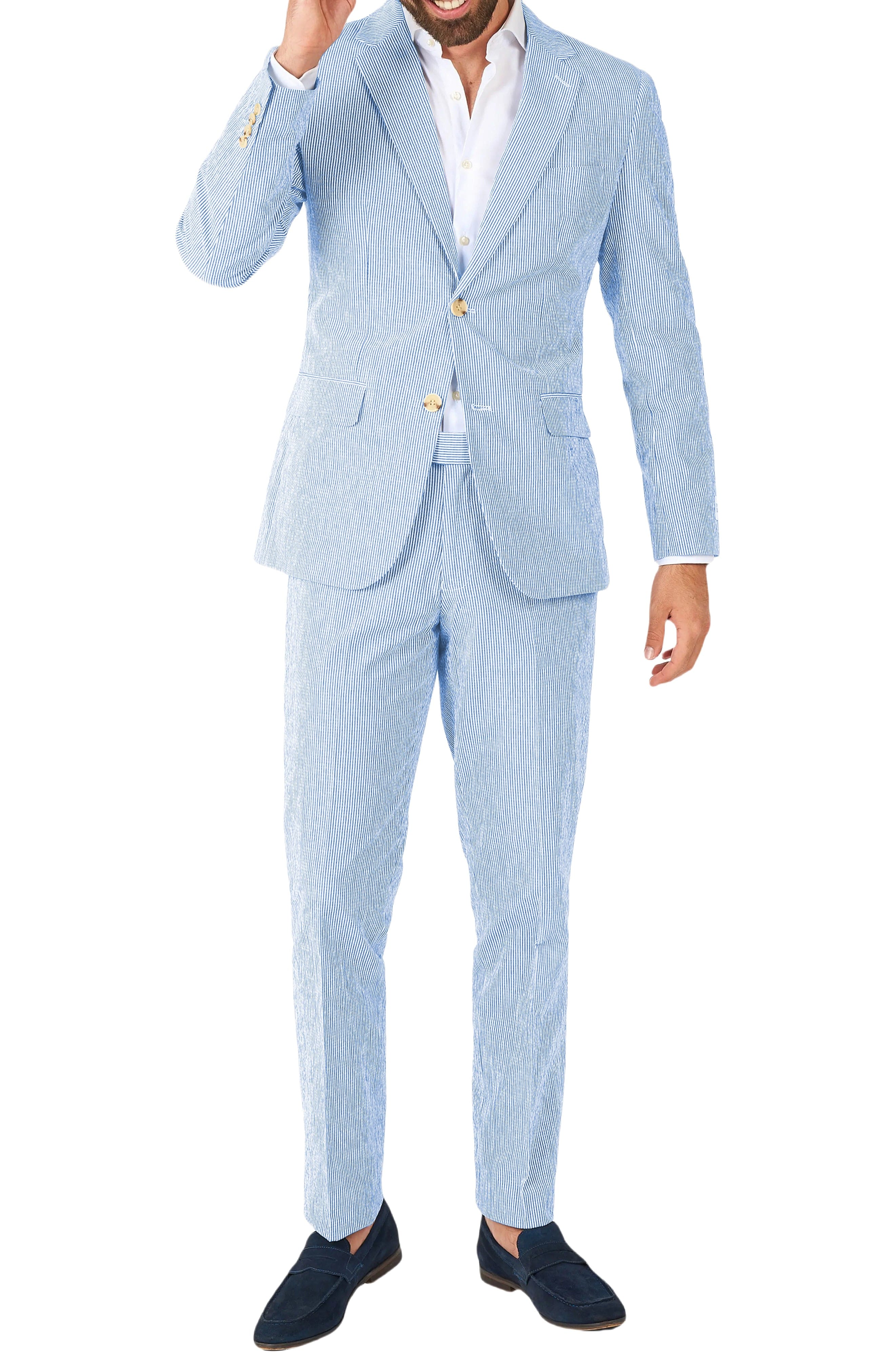 aesido Blue 2 Piece Summer Seersucker Double Button Notch Lapel Men Suit (Blazer+Pants)