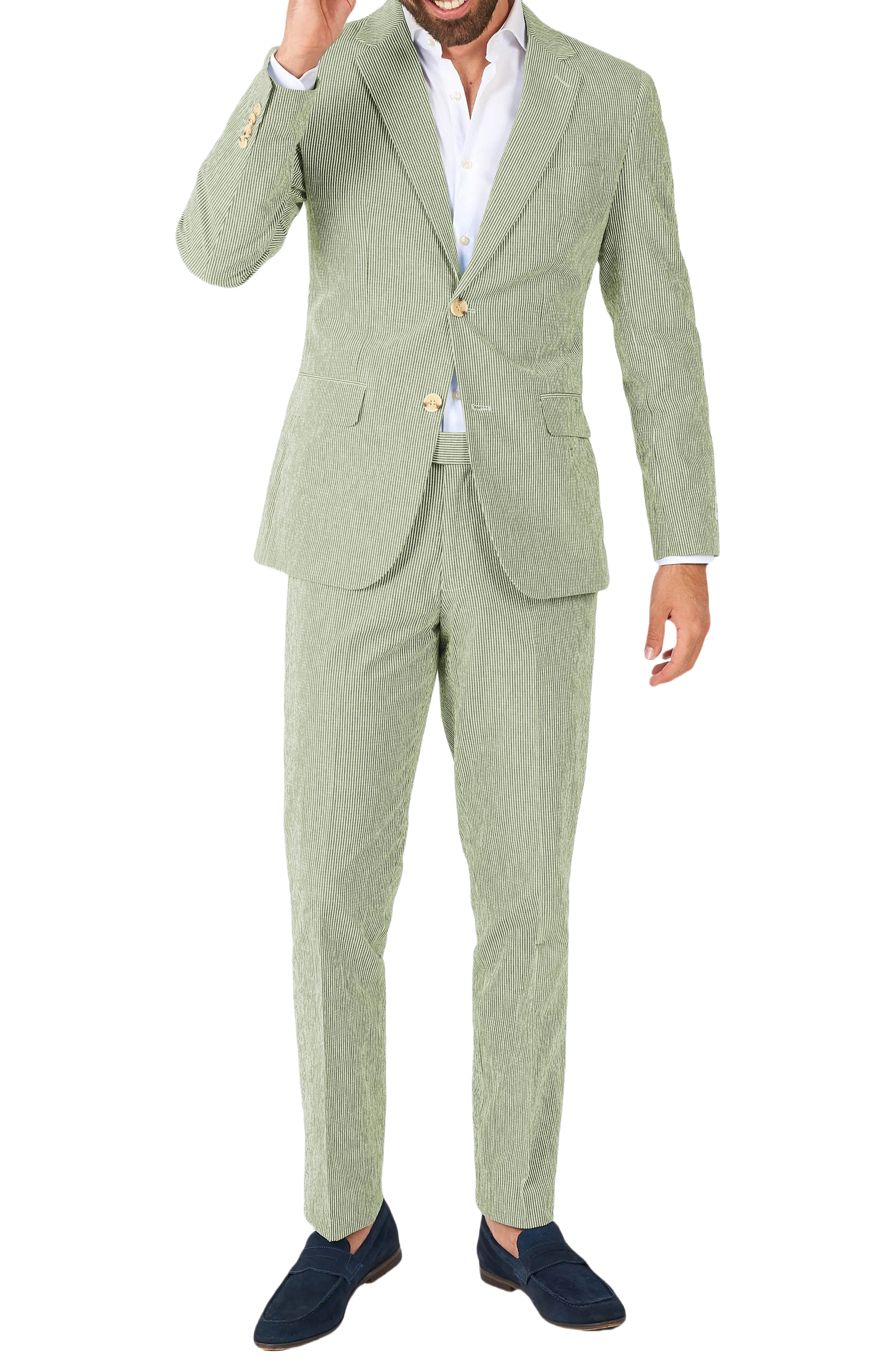 aesido Blue 2 Piece Summer Seersucker Double Button Notch Lapel Men Suit (Blazer+Pants)