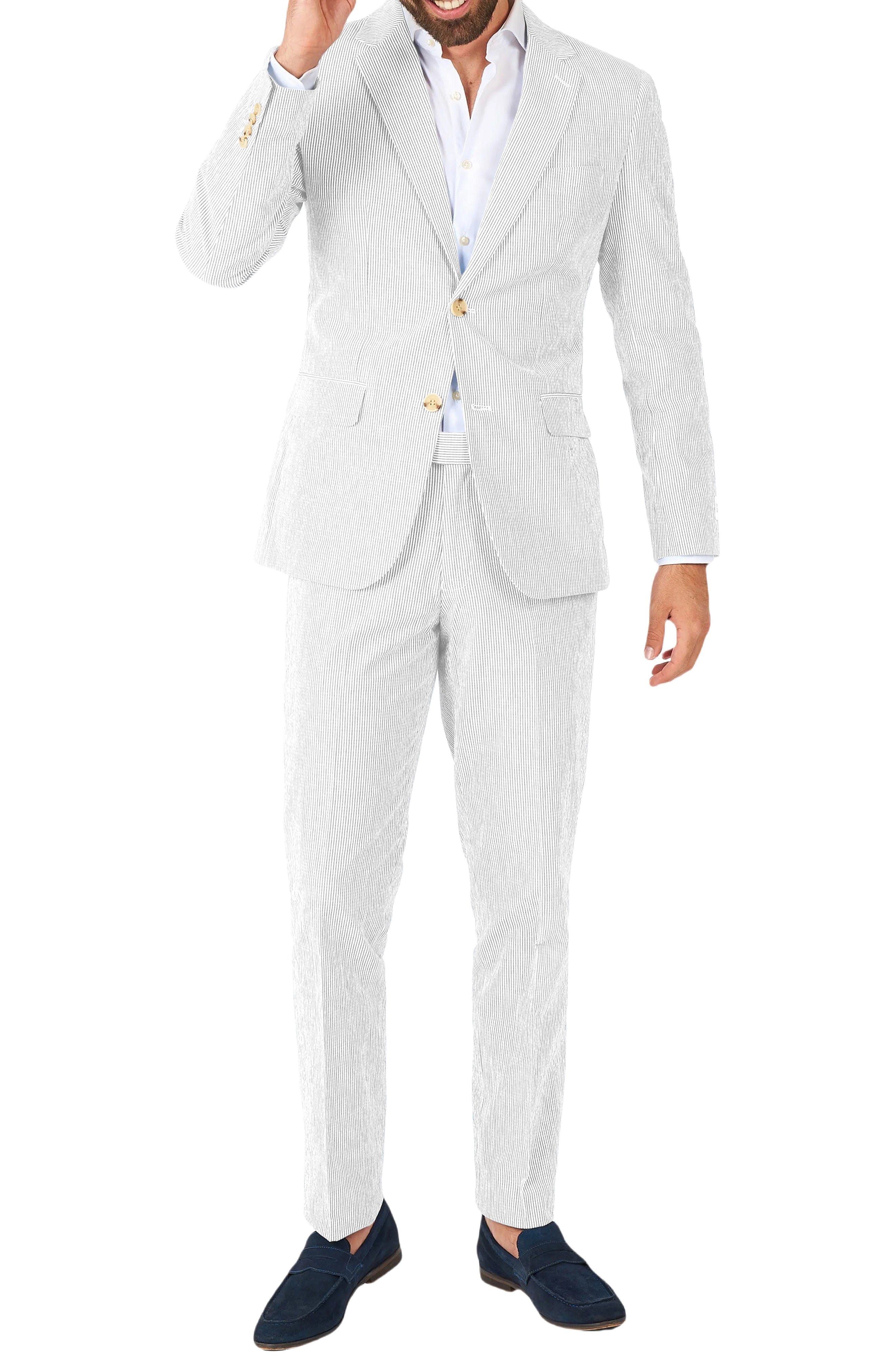 aesido Blue 2 Piece Summer Seersucker Double Button Notch Lapel Men Suit (Blazer+Pants)
