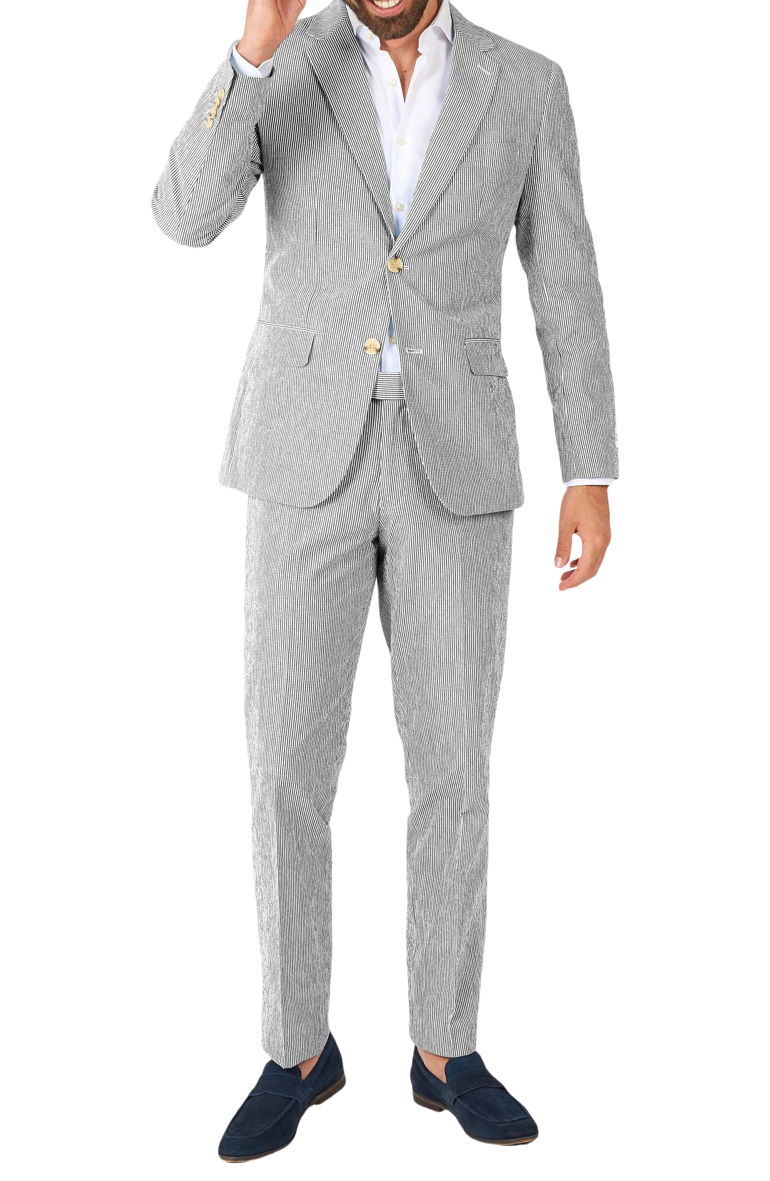 aesido Blue 2 Piece Summer Seersucker Double Button Notch Lapel Men Suit (Blazer+Pants)