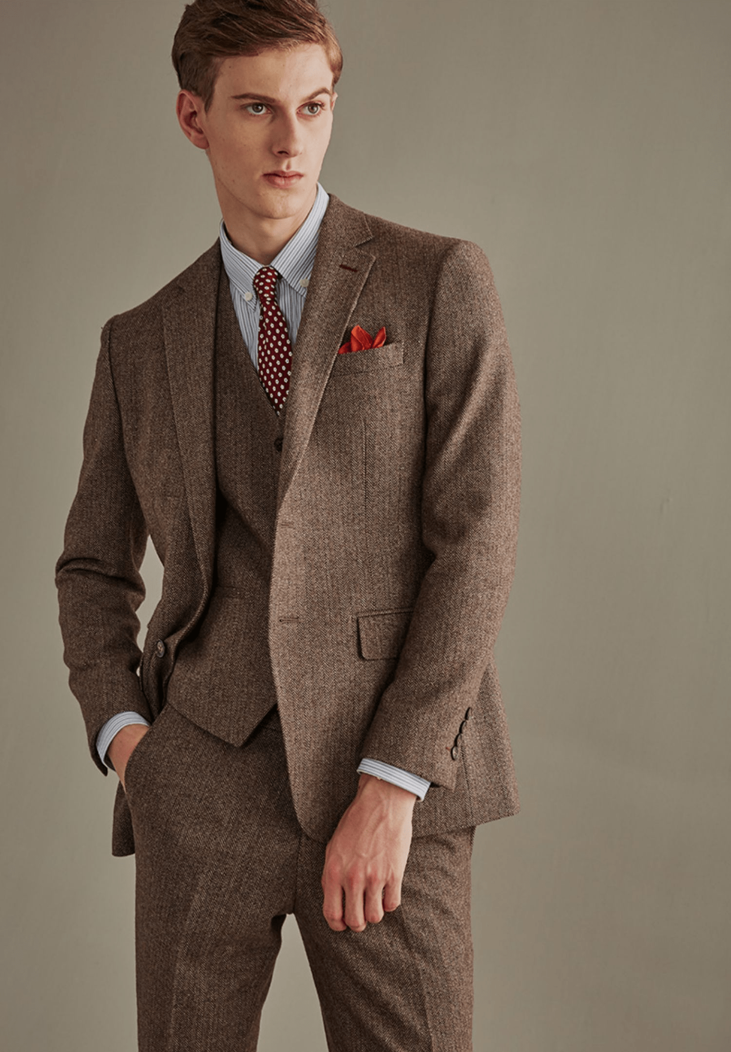 aesido Brown 3 Piece Retro Business Slim Men's Suit Groom Wedding Dress