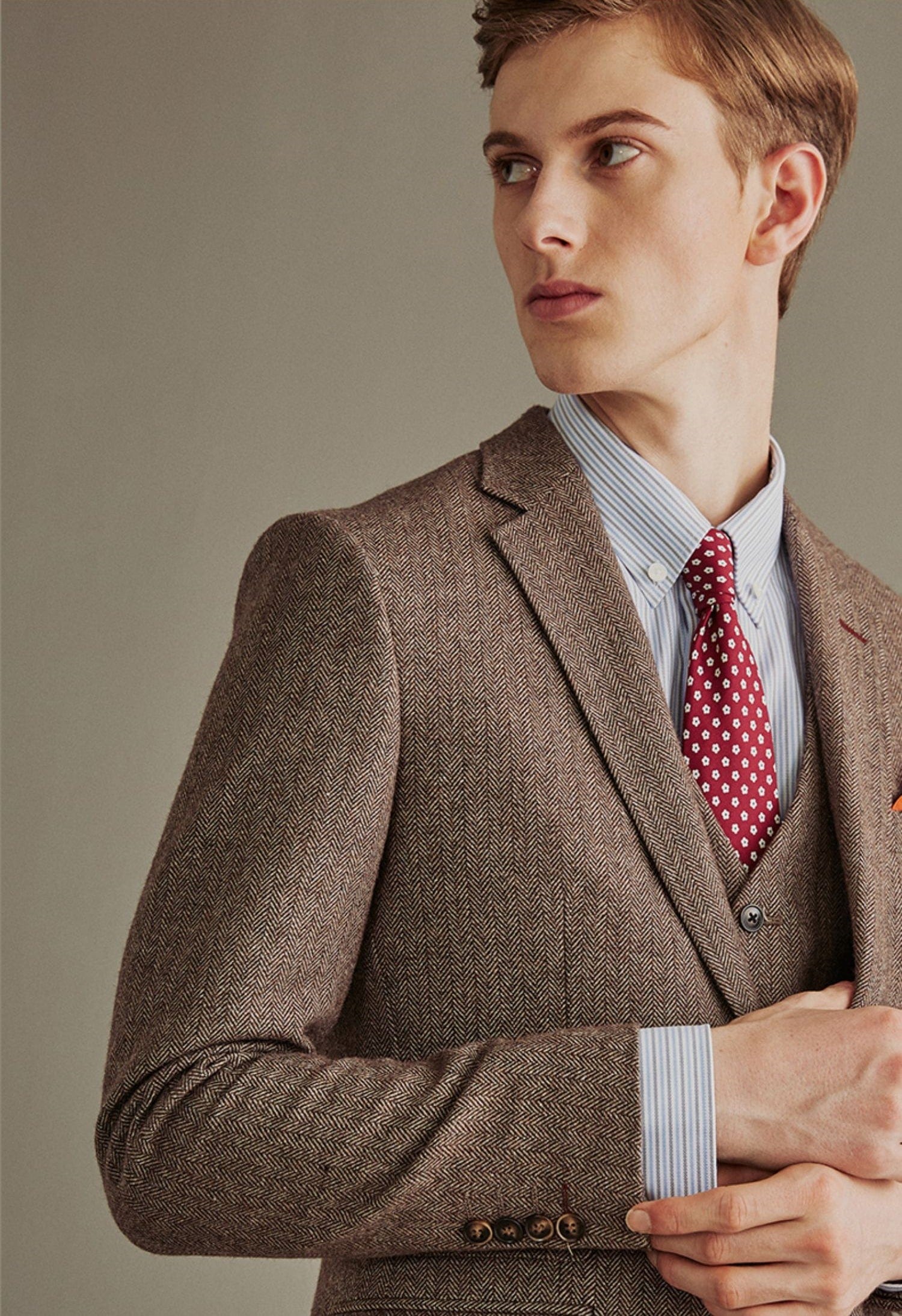 aesido Brown 3 Piece Retro Business Slim Men's Suit Groom Wedding Dress