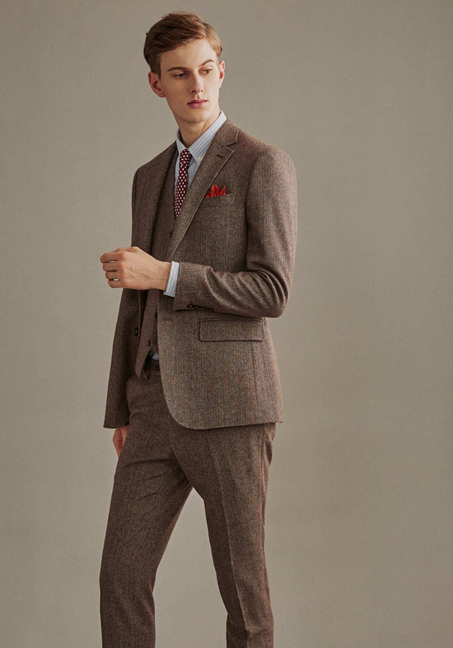 aesido Brown 3 Piece Retro Business Slim Men's Suit Groom Wedding Dress