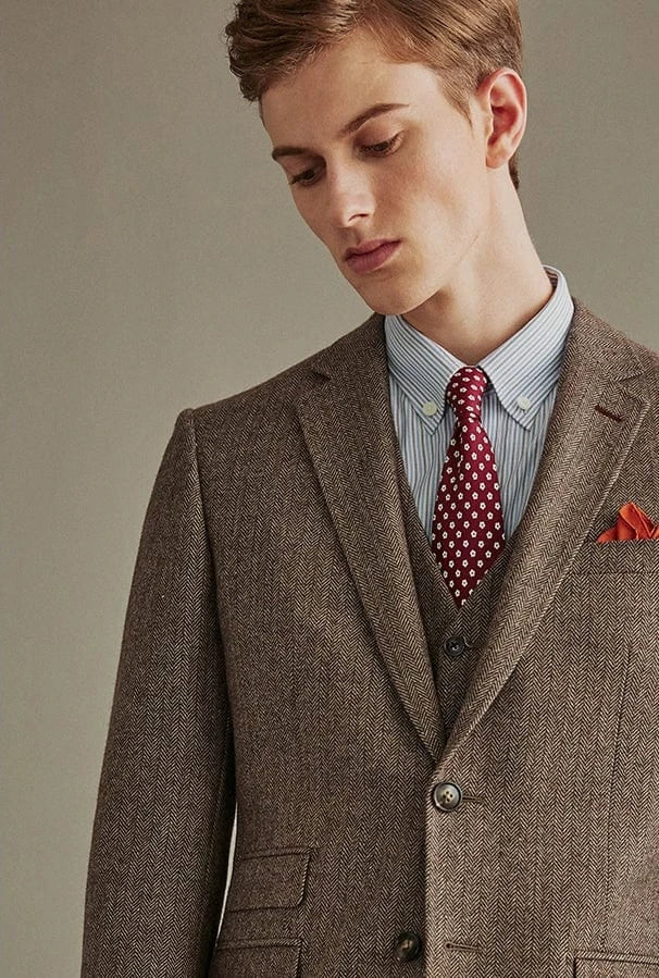 aesido Brown 3 Piece Retro Business Slim Men's Suit Groom Wedding Dress