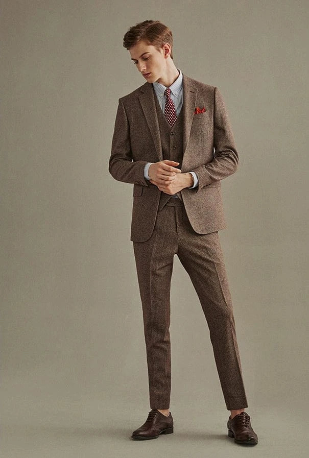 aesido Brown 3 Piece Retro Business Slim Men's Suit Groom Wedding Dress