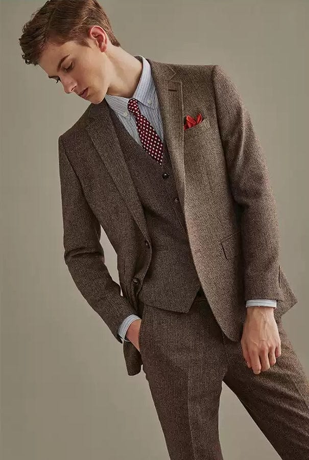 aesido Brown 3 Piece Retro Business Slim Men's Suit Groom Wedding Dress