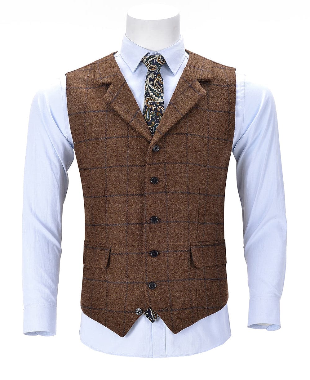 Brown Formal Plaid Notch Lapel Waistcoat Slim Fit Suit Vest Aesido
