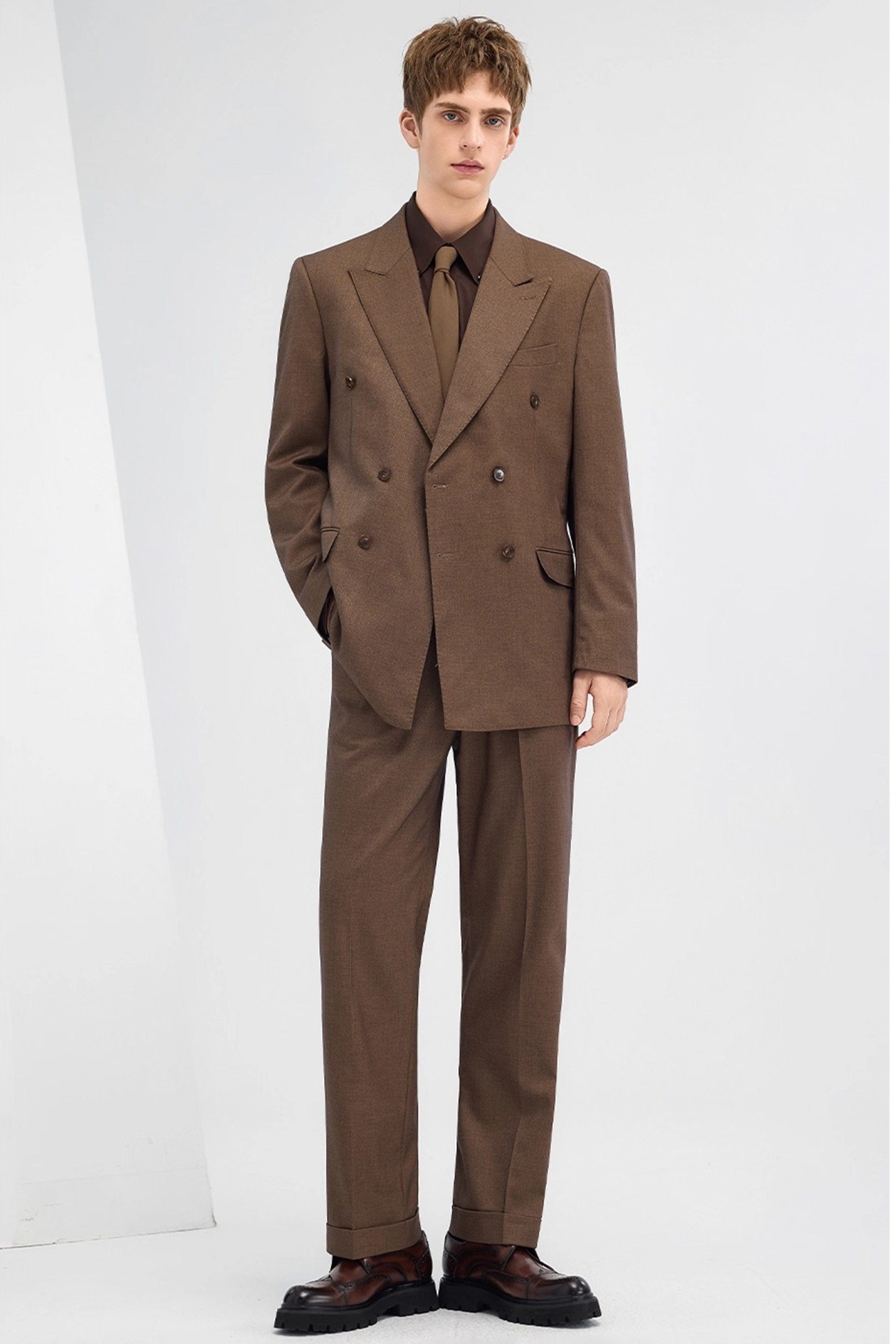 aesido Brown Men's Two-Piece Suit Double-Breasted Blazer and Trousers