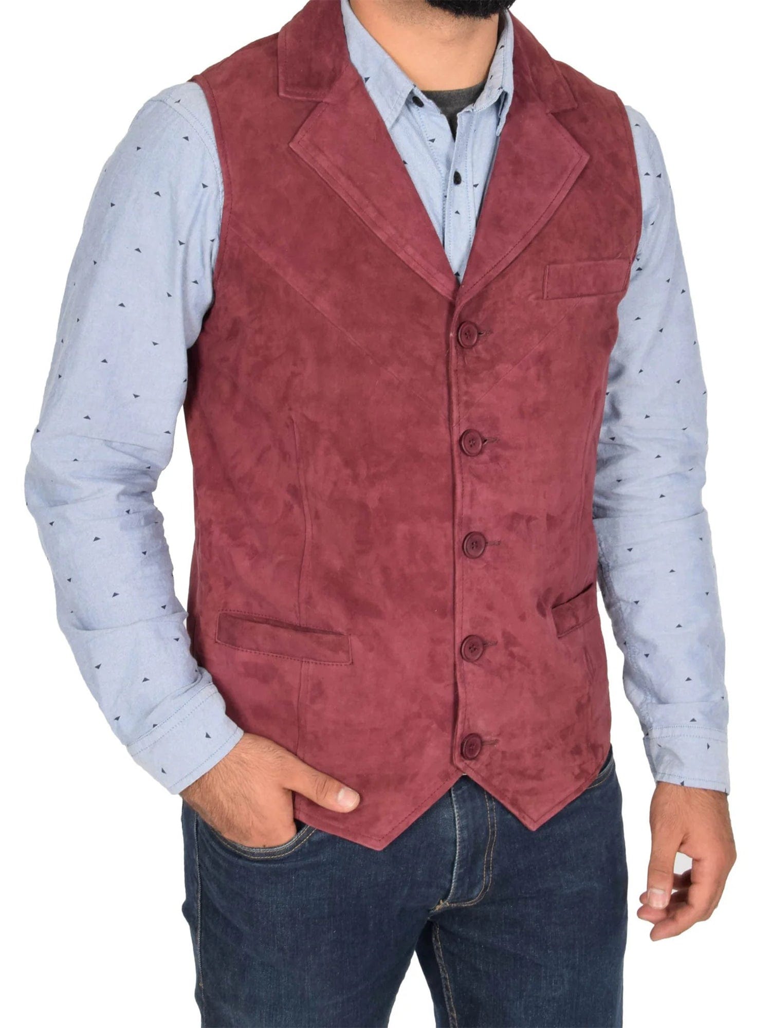 aesido Burgundy Suede Notch Lapel Casual Men's Vest