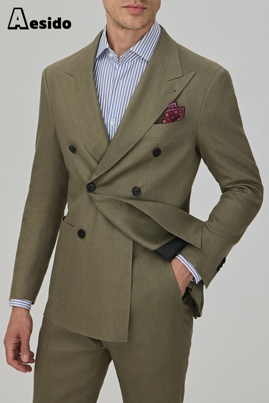 Aesido Business Casual 2 Piece Olive Green Peak Lapel Men's Suit (Blazer+Pants) Olive Green / 42R Aesido Business Casual 2 Piece Olive Green Peak Lapel Men's Suit (Blazer+Pants) Olive Green / 42R