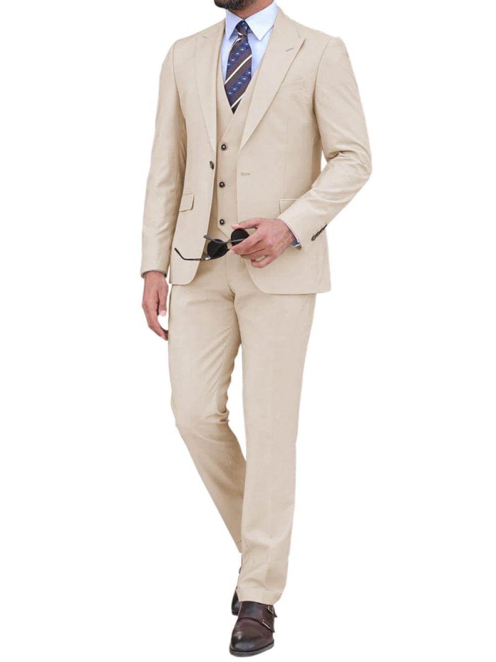 Aesido Beige 3 Piece Peak Lapel Men's Suit (Blazer+Vest+Pants) Aesido Beige 3 Piece Peak Lapel Men's Suit (Blazer+Vest+Pants)