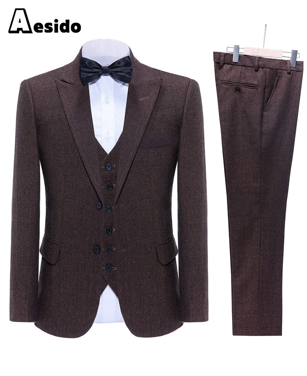 aesido Business Double Buttons Peak Lapel Men Suit(Blazer+Vest+Pants)