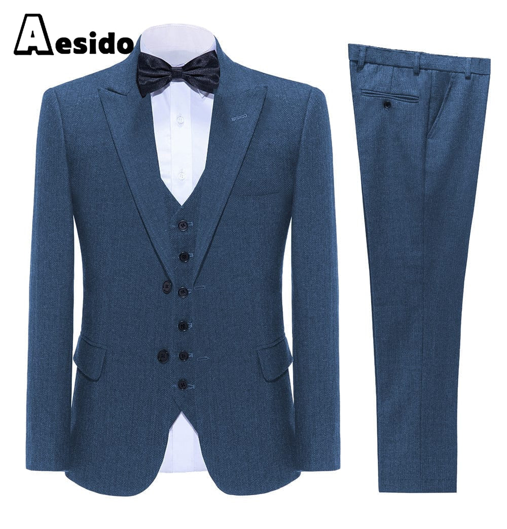 aesido Business Double Buttons Peak Lapel Men Suit(Blazer+Vest+Pants)