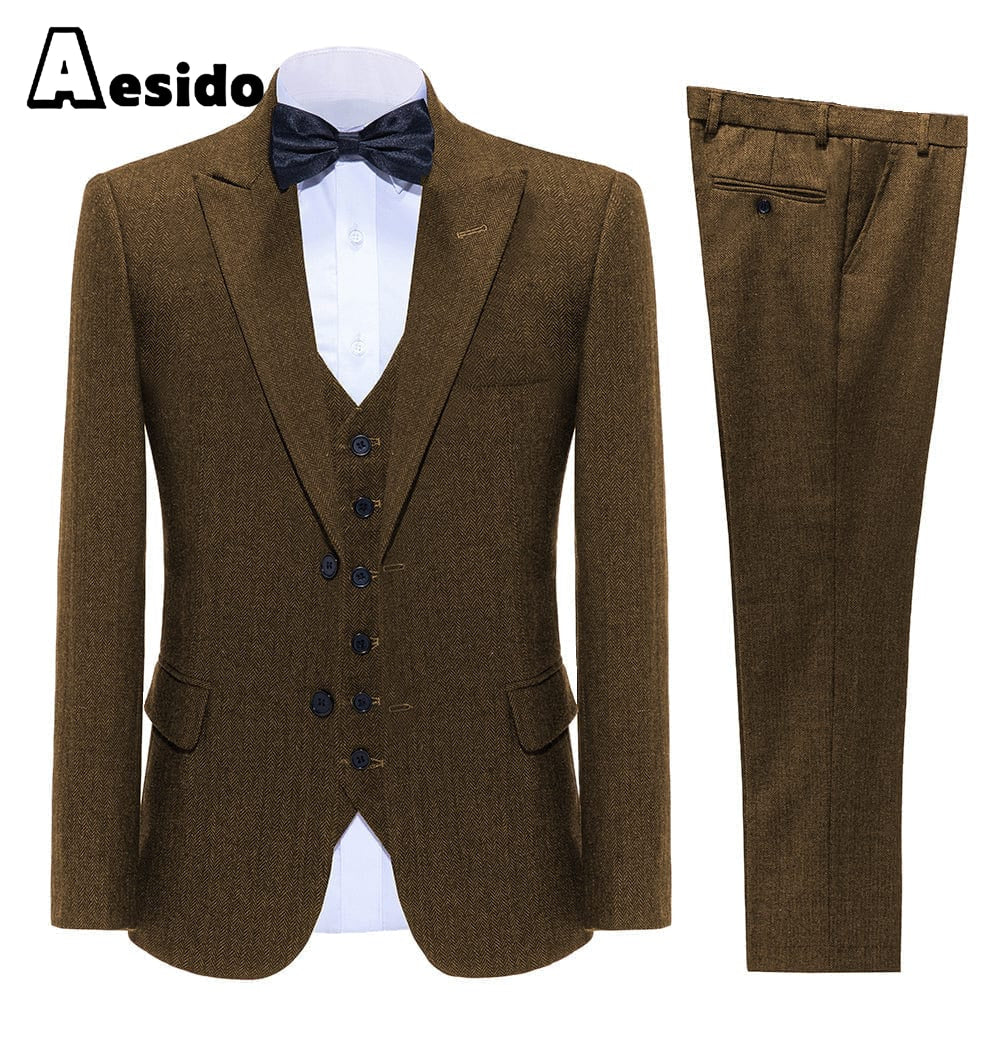 aesido Business Double Buttons Peak Lapel Men Suit(Blazer+Vest+Pants)