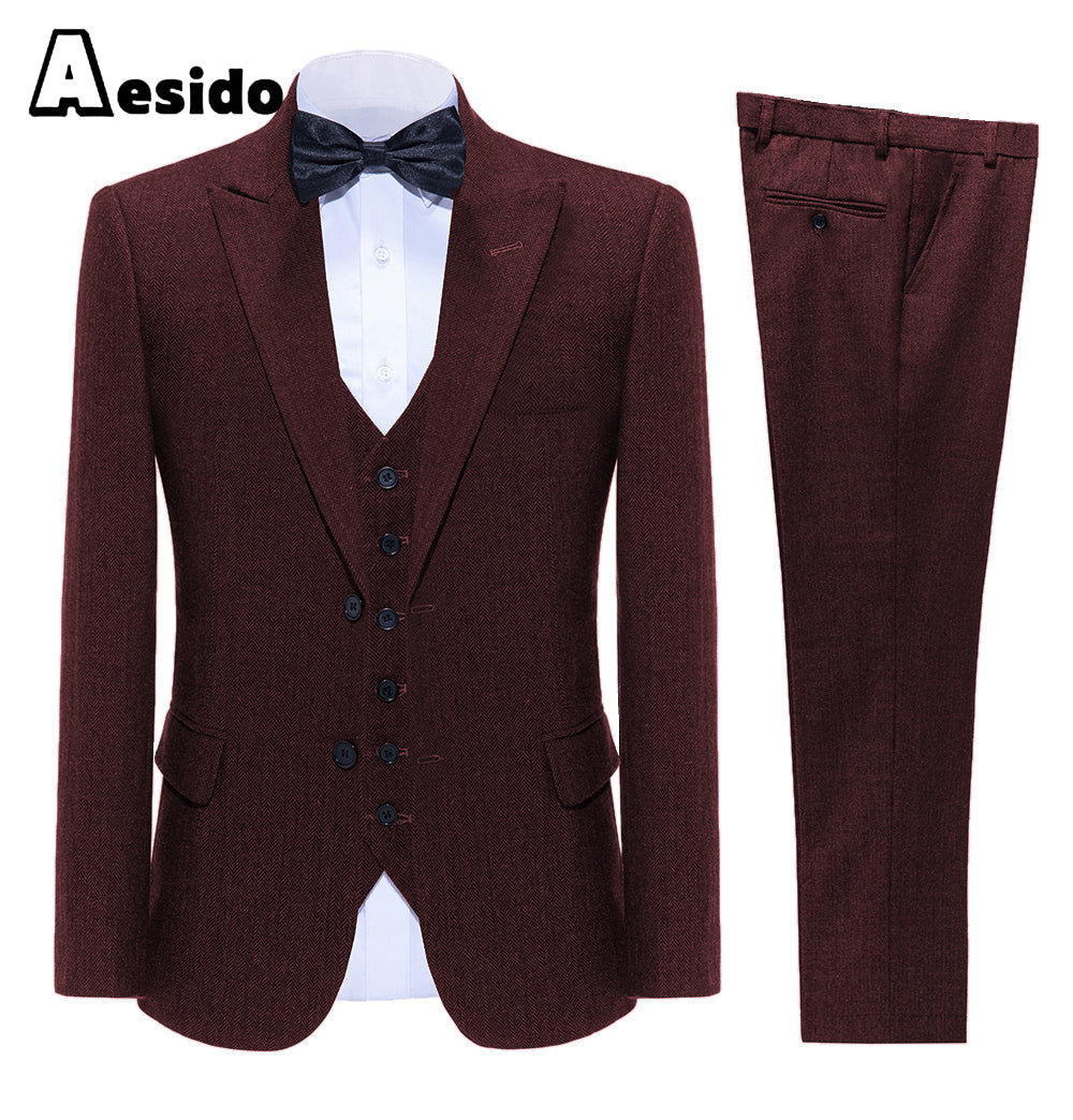 aesido Business Double Buttons Peak Lapel Men Suit(Blazer+Vest+Pants)