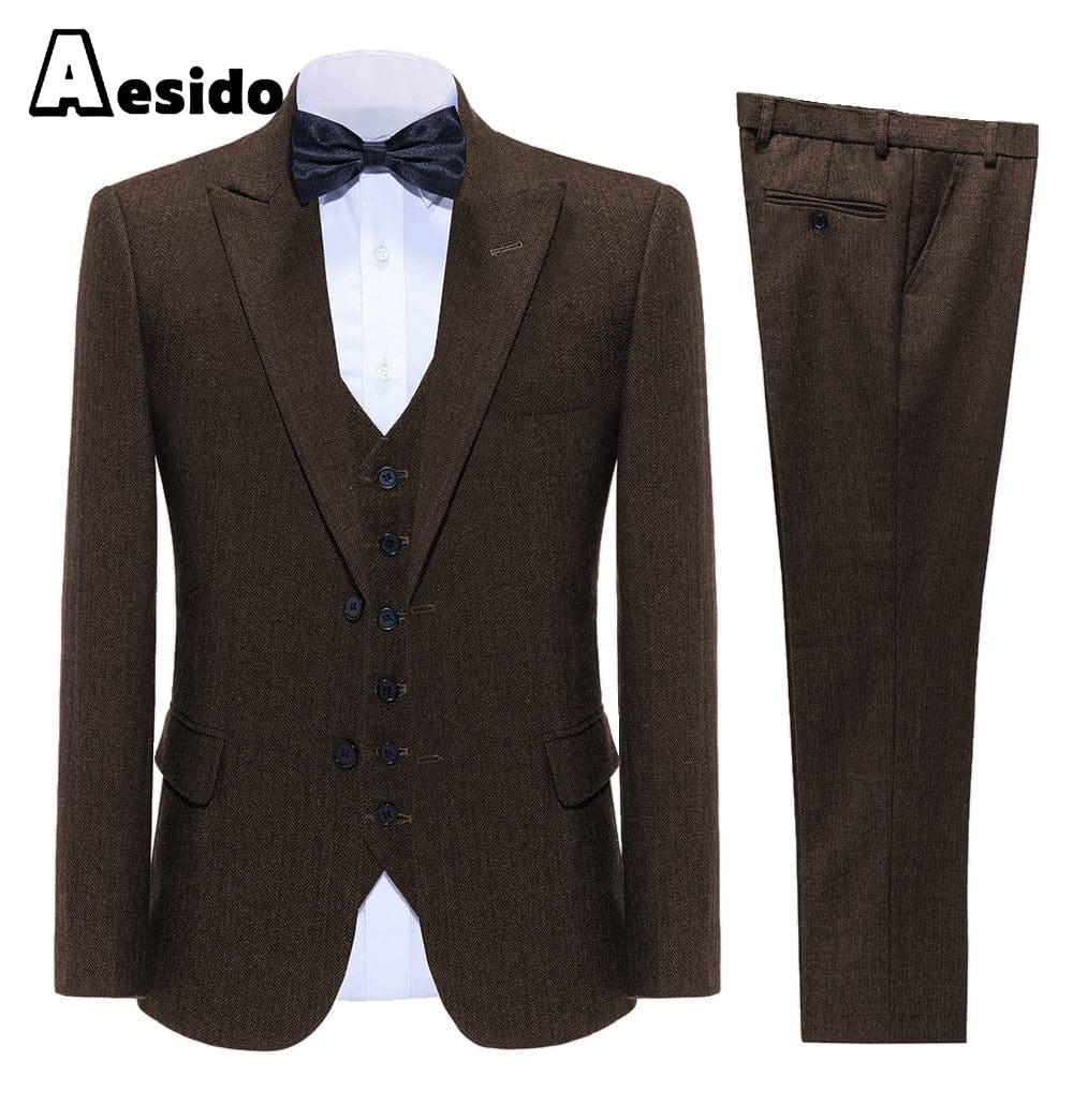 aesido Business Double Buttons Peak Lapel Men Suit(Blazer+Vest+Pants)