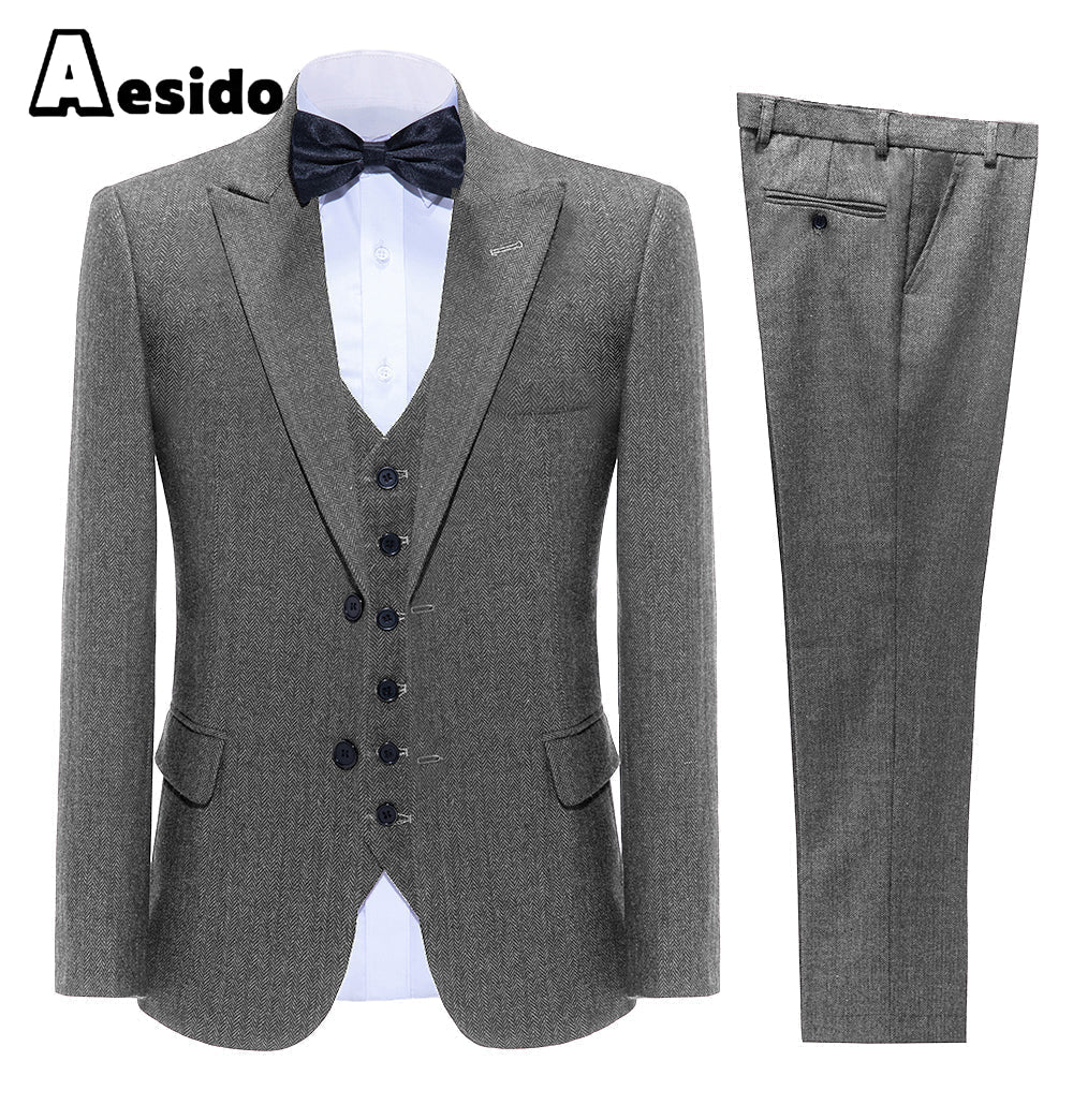 aesido Business Double Buttons Peak Lapel Men Suit(Blazer+Vest+Pants)