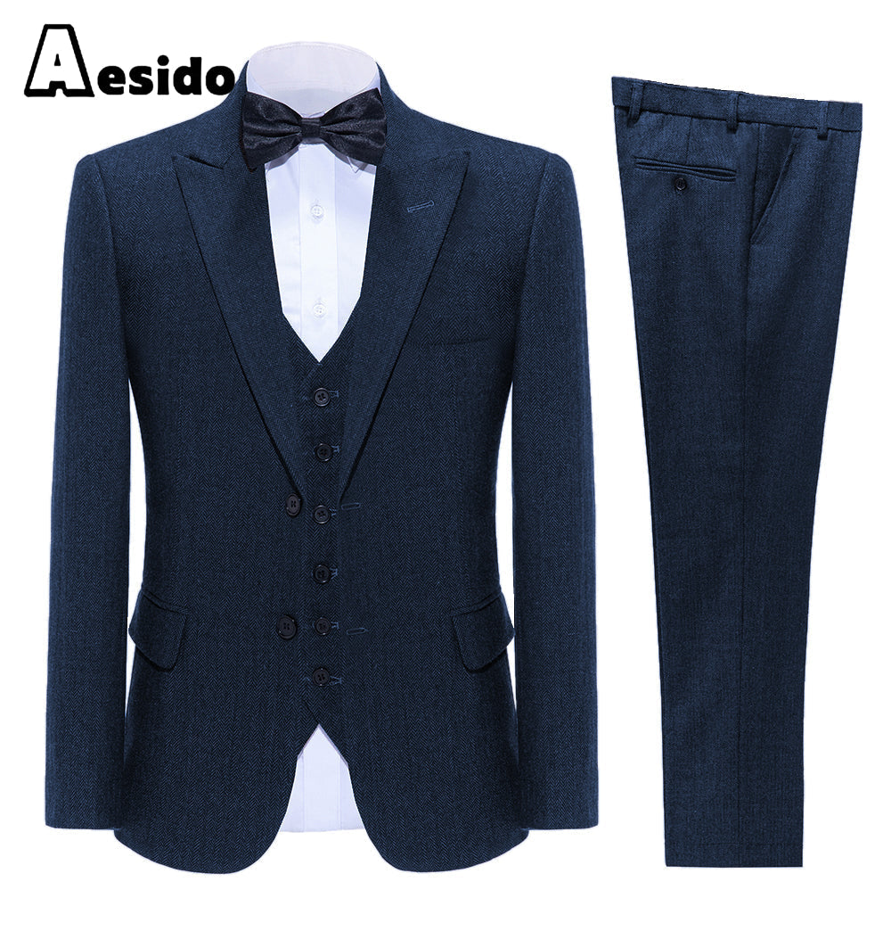 aesido Business Double Buttons Peak Lapel Men Suit(Blazer+Vest+Pants)