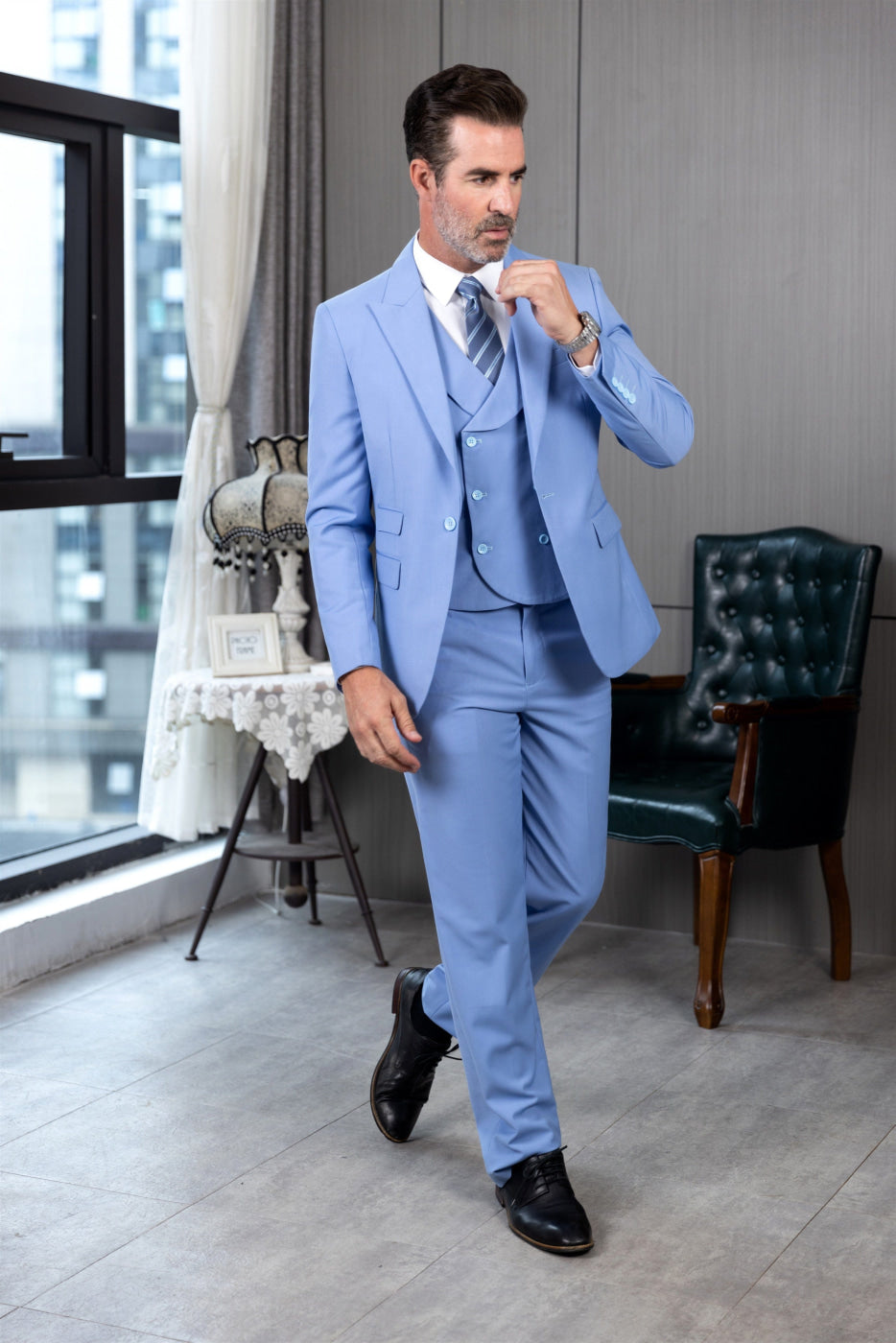 aesido Business Men's Suit 3 Pieces Peak Lapel Jacket(Blazer+Vest+Pants)