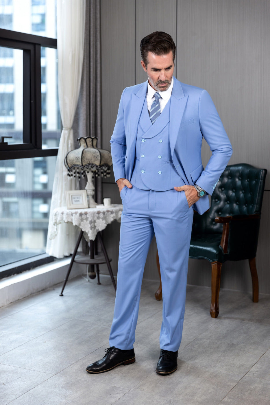 aesido Business Men's Suit 3 Pieces Peak Lapel Jacket(Blazer+Vest+Pants)