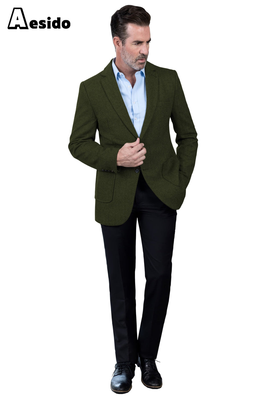 Aesido Men Business Casual Double Button Notch Lapel Blazer Army Green / 44R Aesido Men Business Casual Double Button Notch Lapel Blazer Army Green / 44R