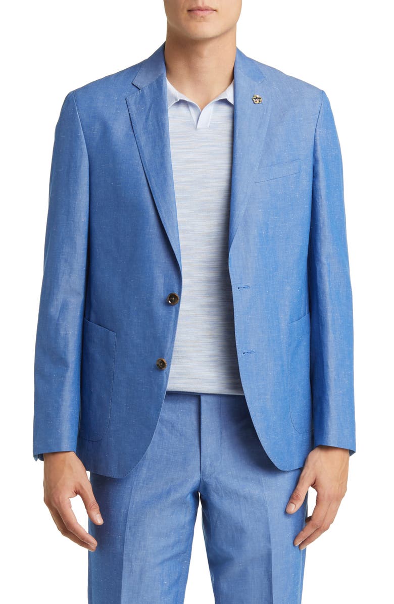 aesido Casual 2 Piece Blue Linen Double Button Men's Suit (Blazer+Pants)