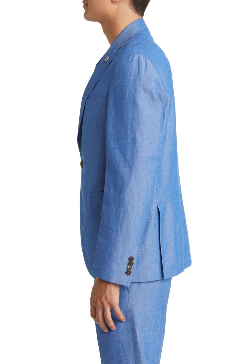 aesido Casual 2 Piece Blue Linen Double Button Men's Suit (Blazer+Pants)