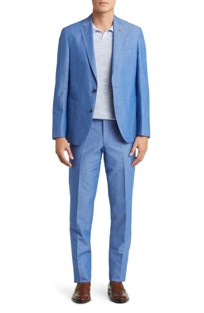 aesido Casual 2 Piece Blue Linen Double Button Men's Suit (Blazer+Pants)