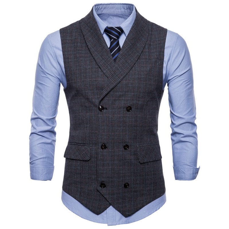 aesido Dark Grey Plaid Double-Breasted Slim Fit Men's Vest